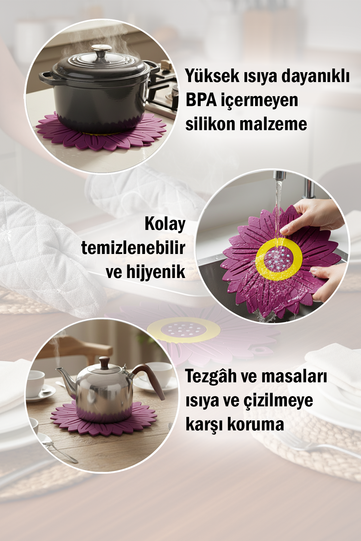 Ayçiçeği Model Kaymaz Silikon Nihale – Tencere, Tava, Çaydanlık ve Servis Altlığı 18,5 x 18,5 cm