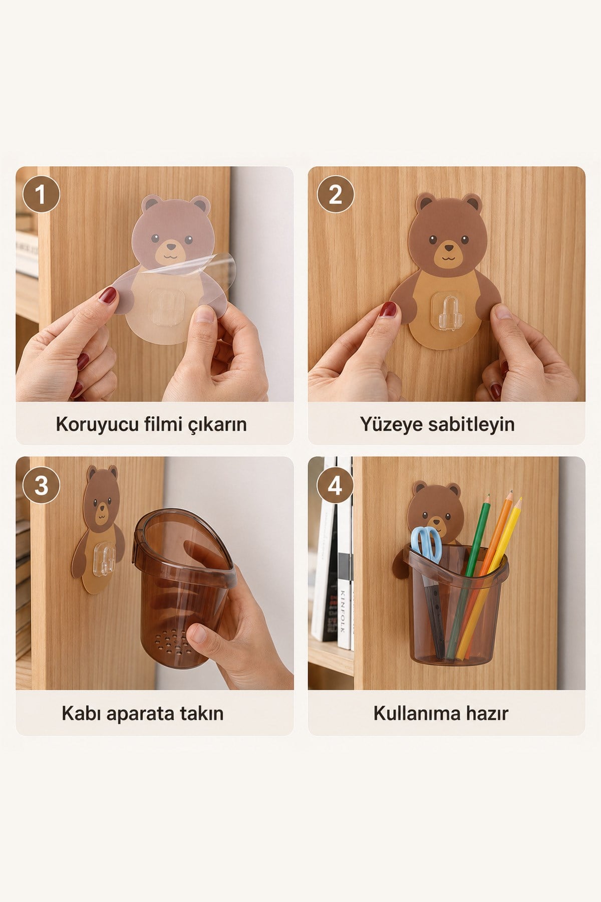 Ayıcık Desenli Kendinden Yapışkanlı Banyo Organizeri Diş Macunu Kalem Düzenleyici Kutu
