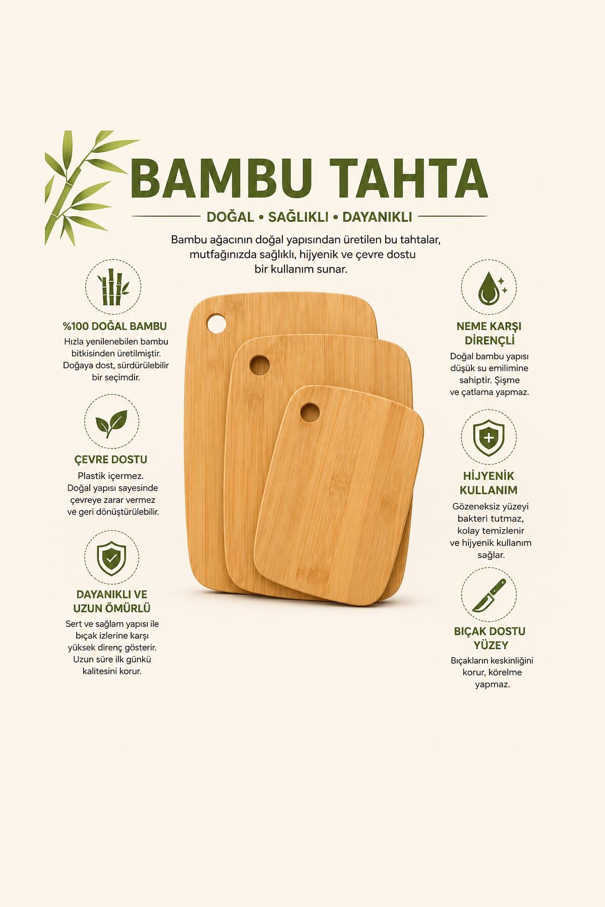 Bambu Kesme Tahtası 3lü Set Doğal Ahşap Et Sebze Meyve Doğrama Tahtası Mutfak Seti