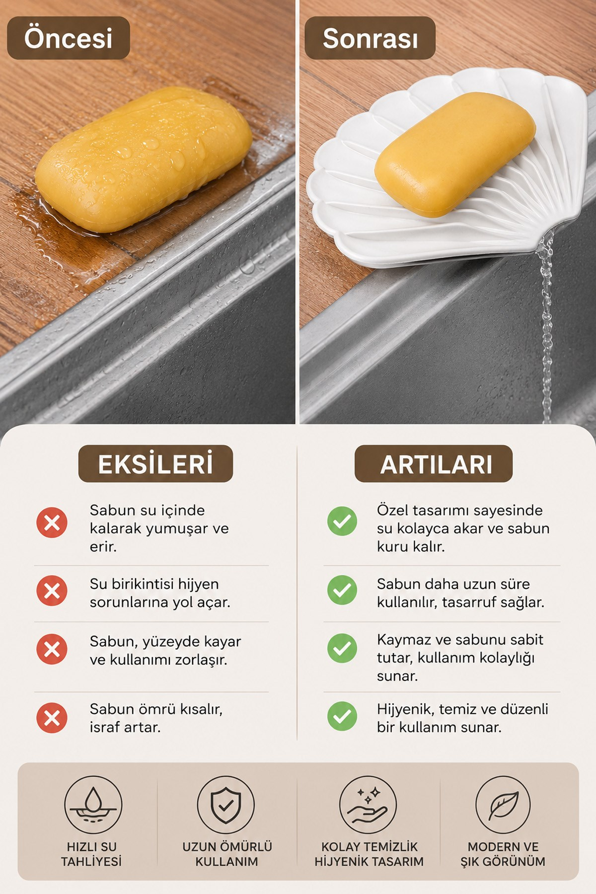 Beyaz İstiridye Silikon Katı Sabunluk Su Giderli Kaymaz Banyo Mutfak Organizer 11 cm
