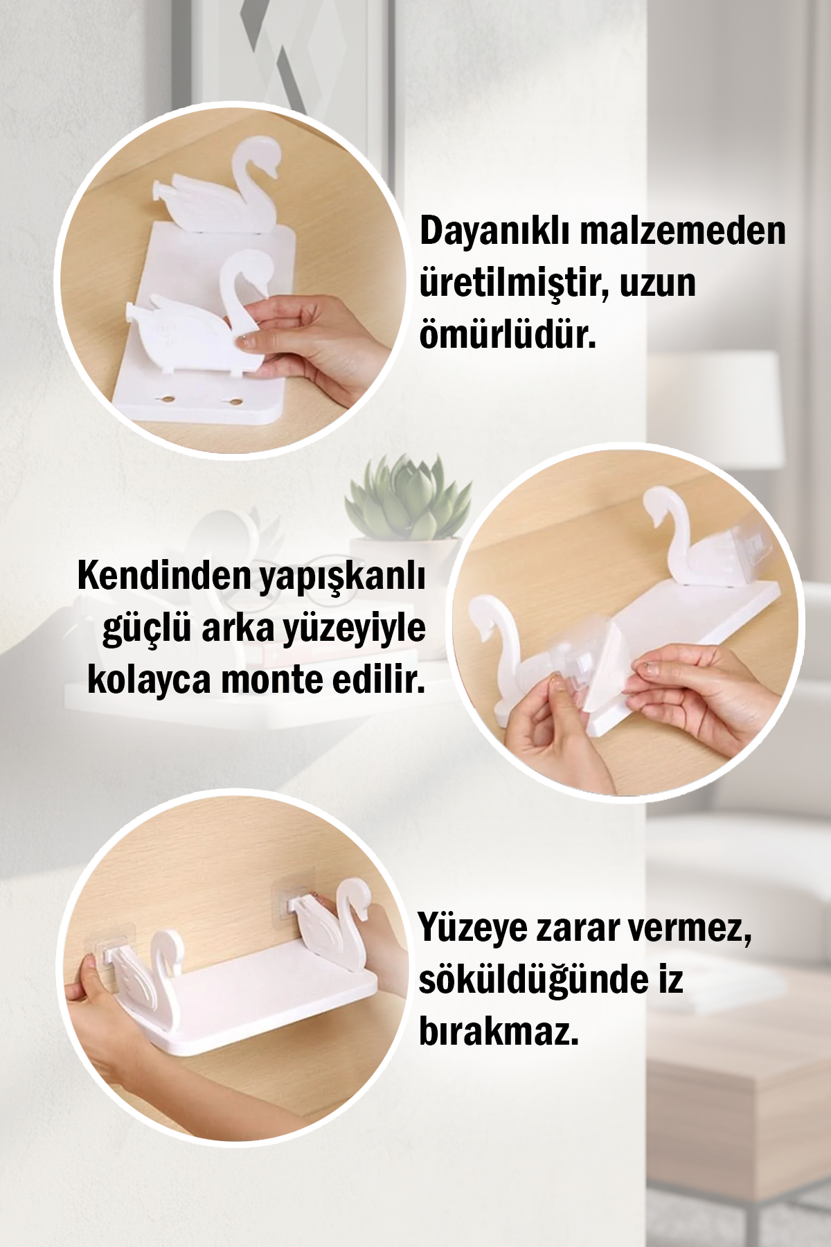 Beyaz Kuğu Motifli Yapışkanlı Banyo Rafı Mutfak Baharat Rafı Duvar Düzenleyici Raf