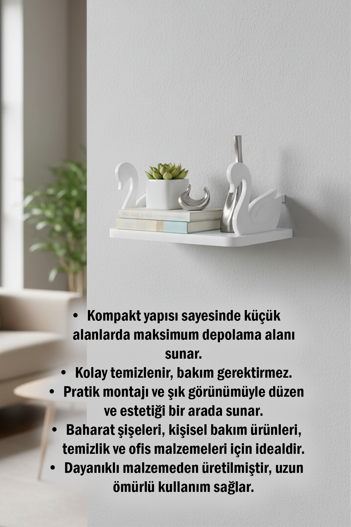 Beyaz Kuğu Motifli Yapışkanlı Banyo Rafı Mutfak Baharat Rafı Duvar Düzenleyici Raf