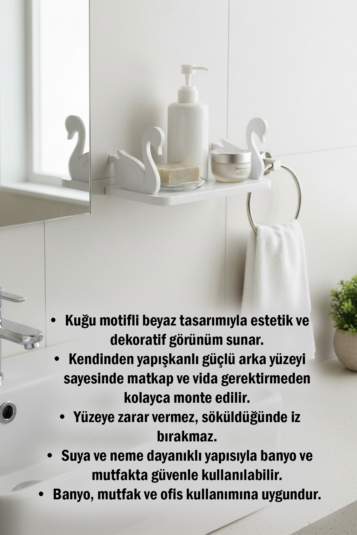 Beyaz Kuğu Motifli Yapışkanlı Banyo Rafı Mutfak Baharat Rafı Duvar Düzenleyici Raf