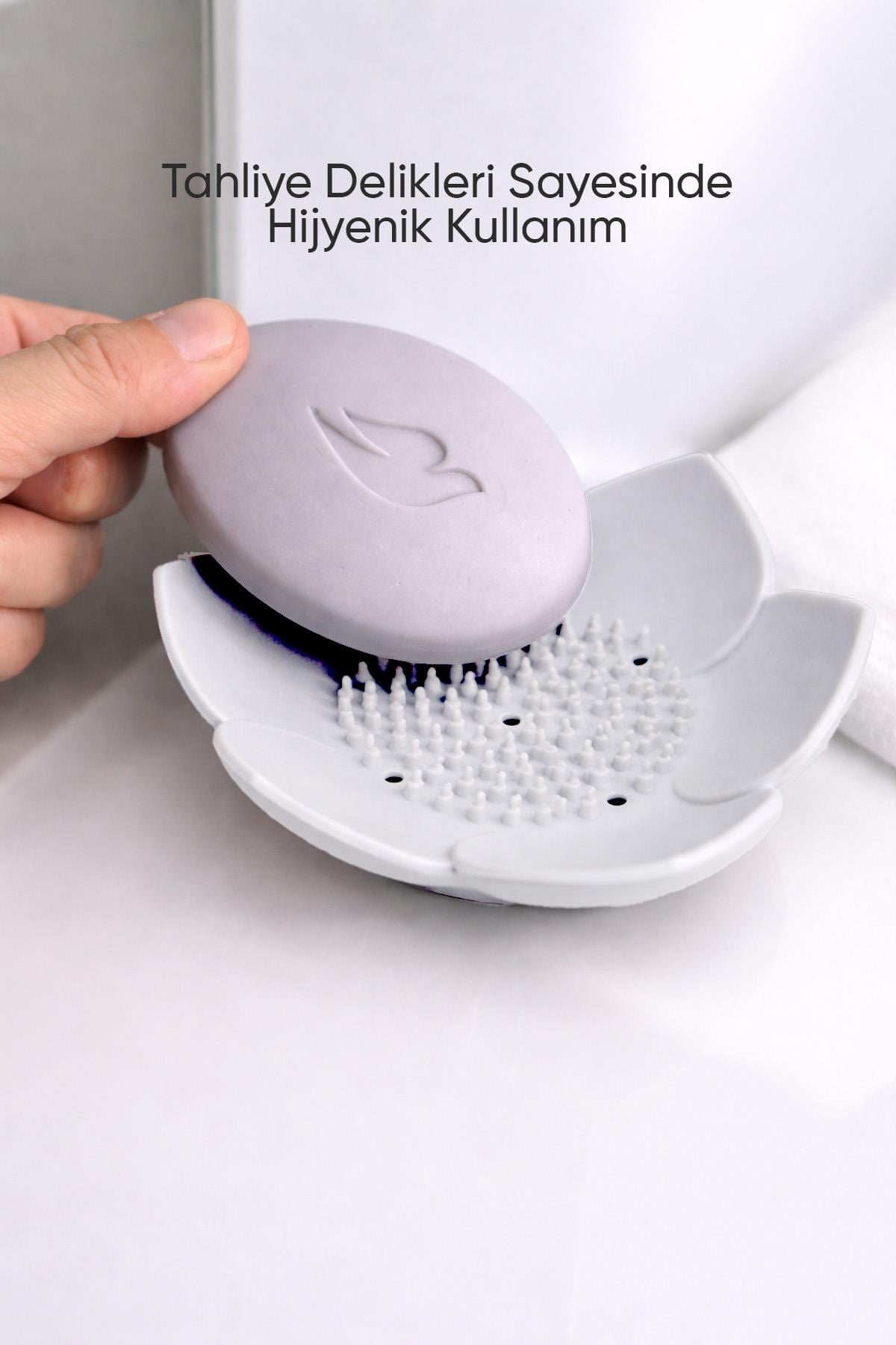 Beyaz Lotus Desenli Silikon Sabunluk Su Giderli Katı Sabunluk Banyo Lavabo Sabun Tutucu
