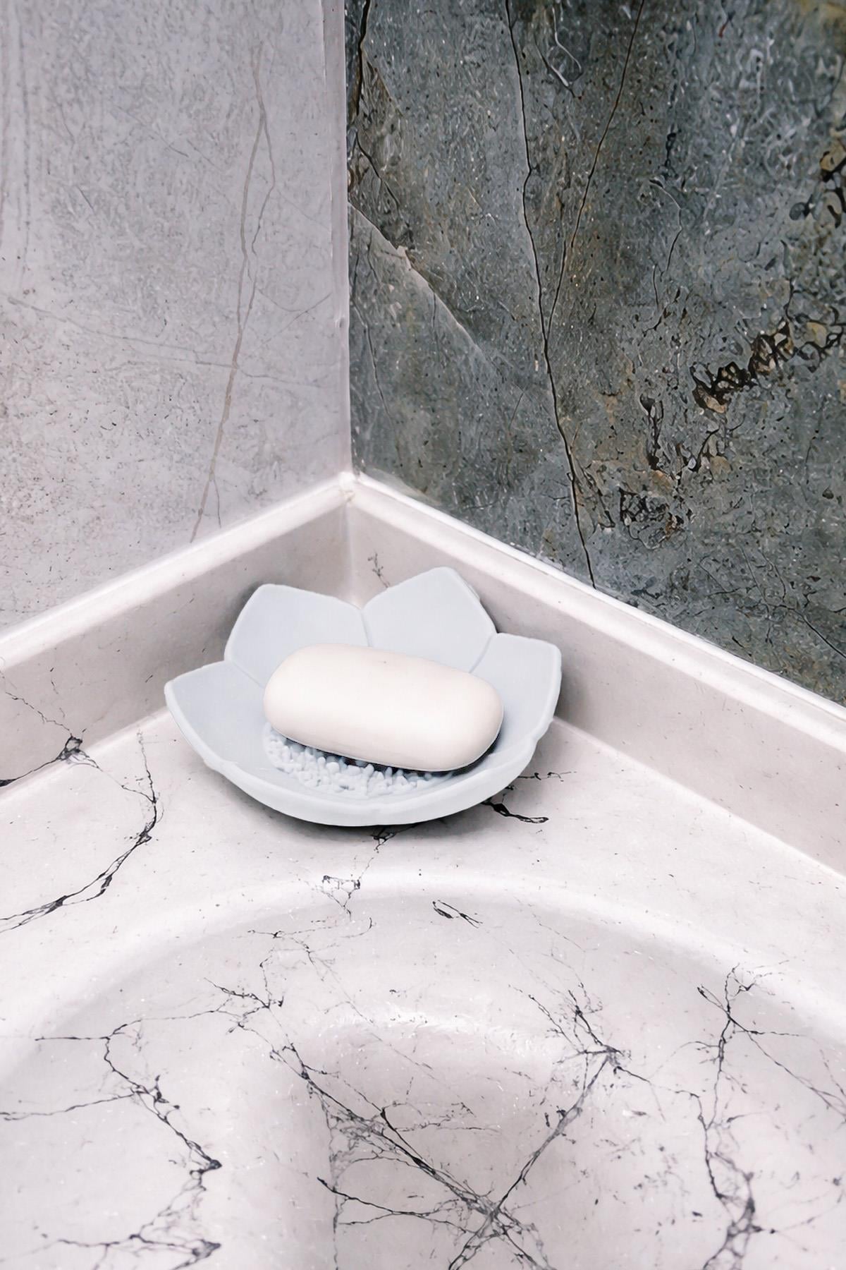 Beyaz Lotus Desenli Silikon Sabunluk Su Giderli Katı Sabunluk Banyo Lavabo Sabun Tutucu