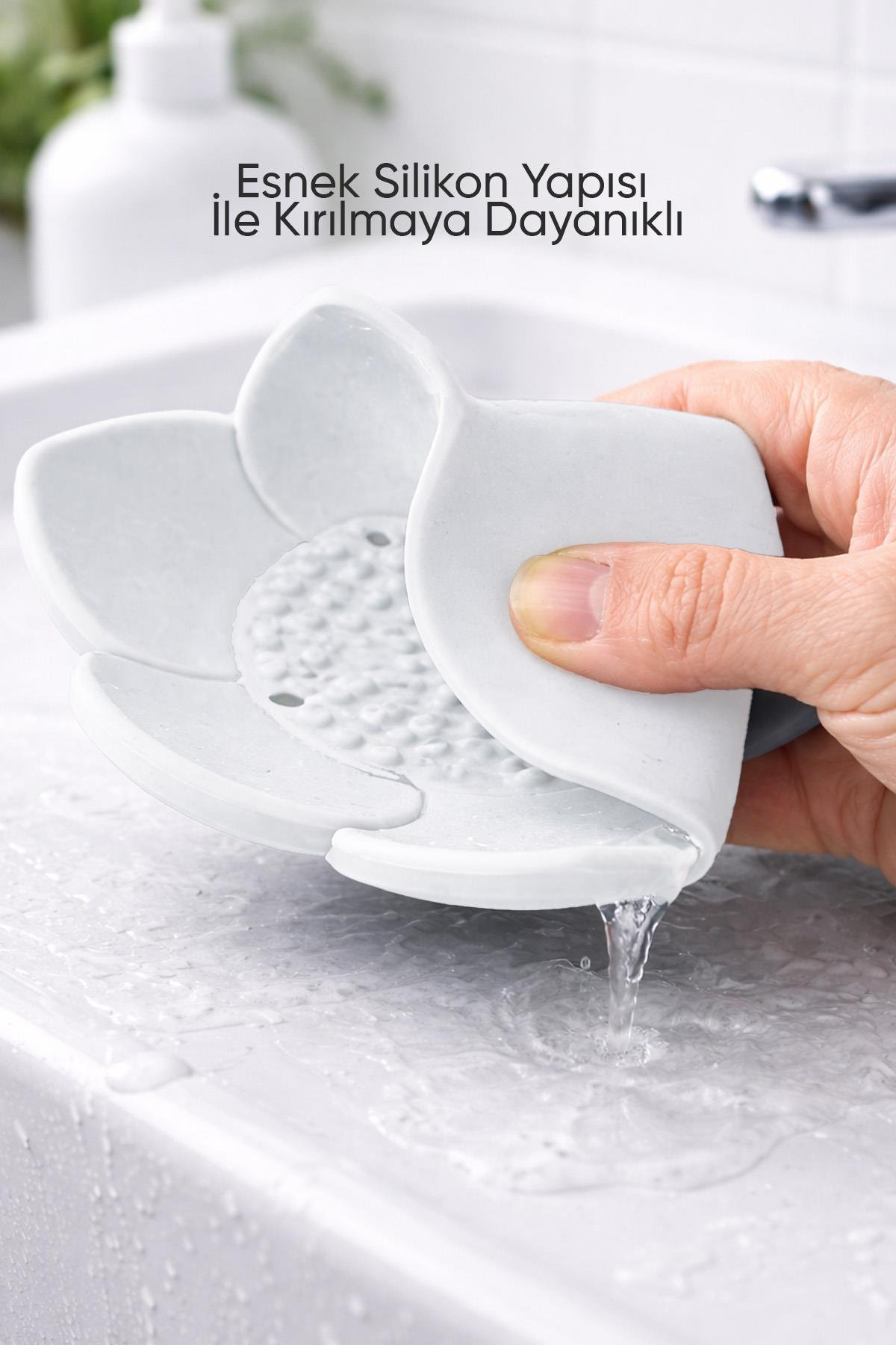 Beyaz Lotus Desenli Silikon Sabunluk Su Giderli Katı Sabunluk Banyo Lavabo Sabun Tutucu