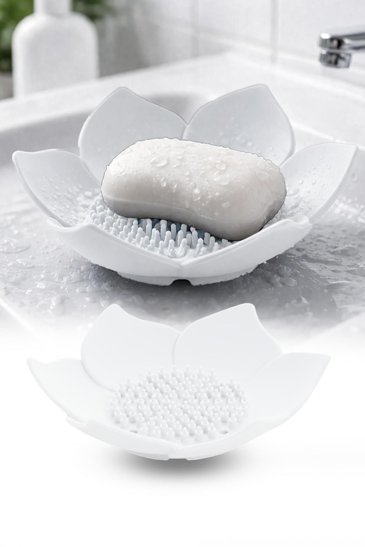 Beyaz Lotus Desenli Silikon Sabunluk Su Giderli Katı Sabunluk Banyo Lavabo Sabun Tutucu
