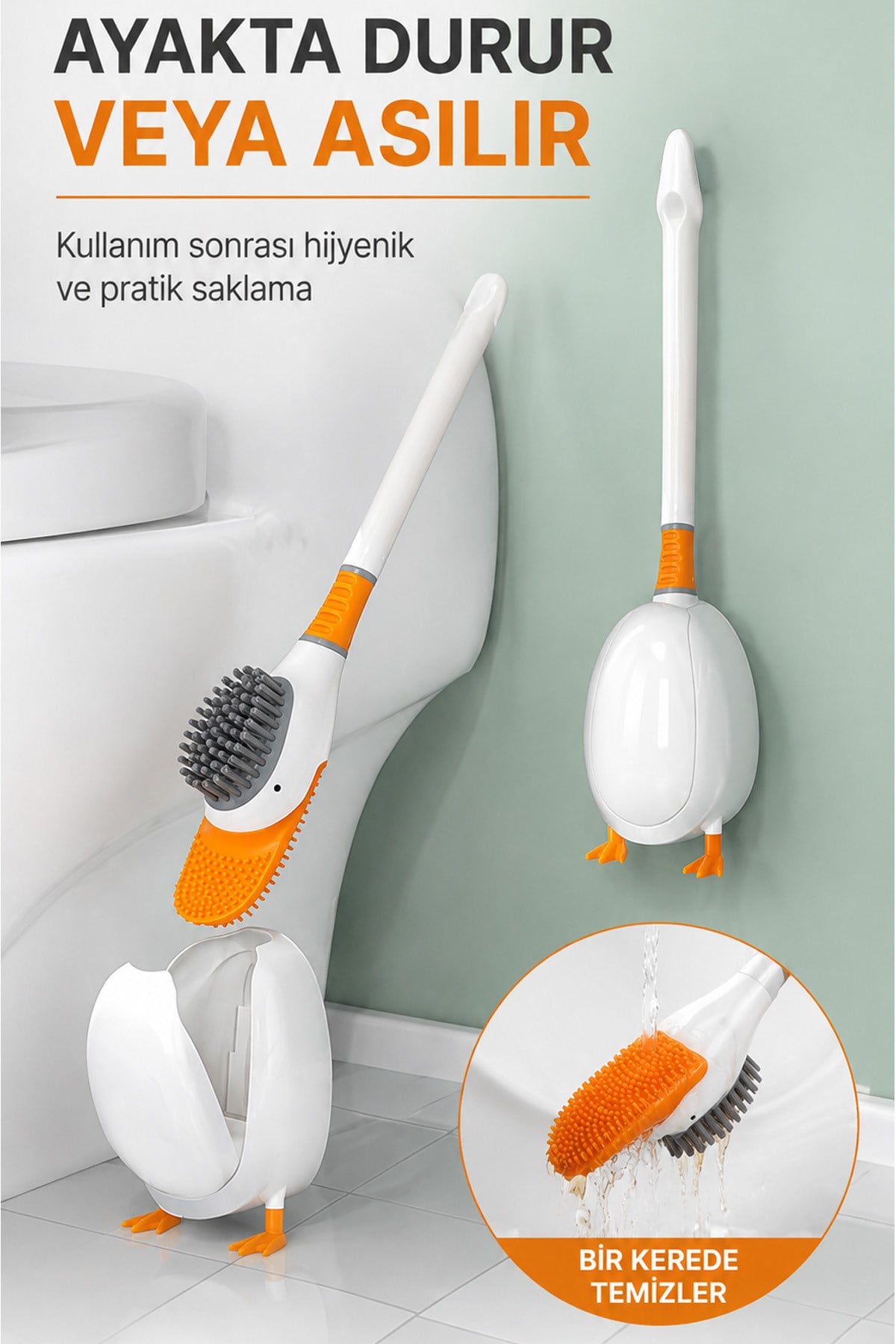 Beyaz Ördek Tasarımlı Tuvalet Fırçası Hazneli Klozet Temizleme Fırçası Dekoratif Banyo Fırçası