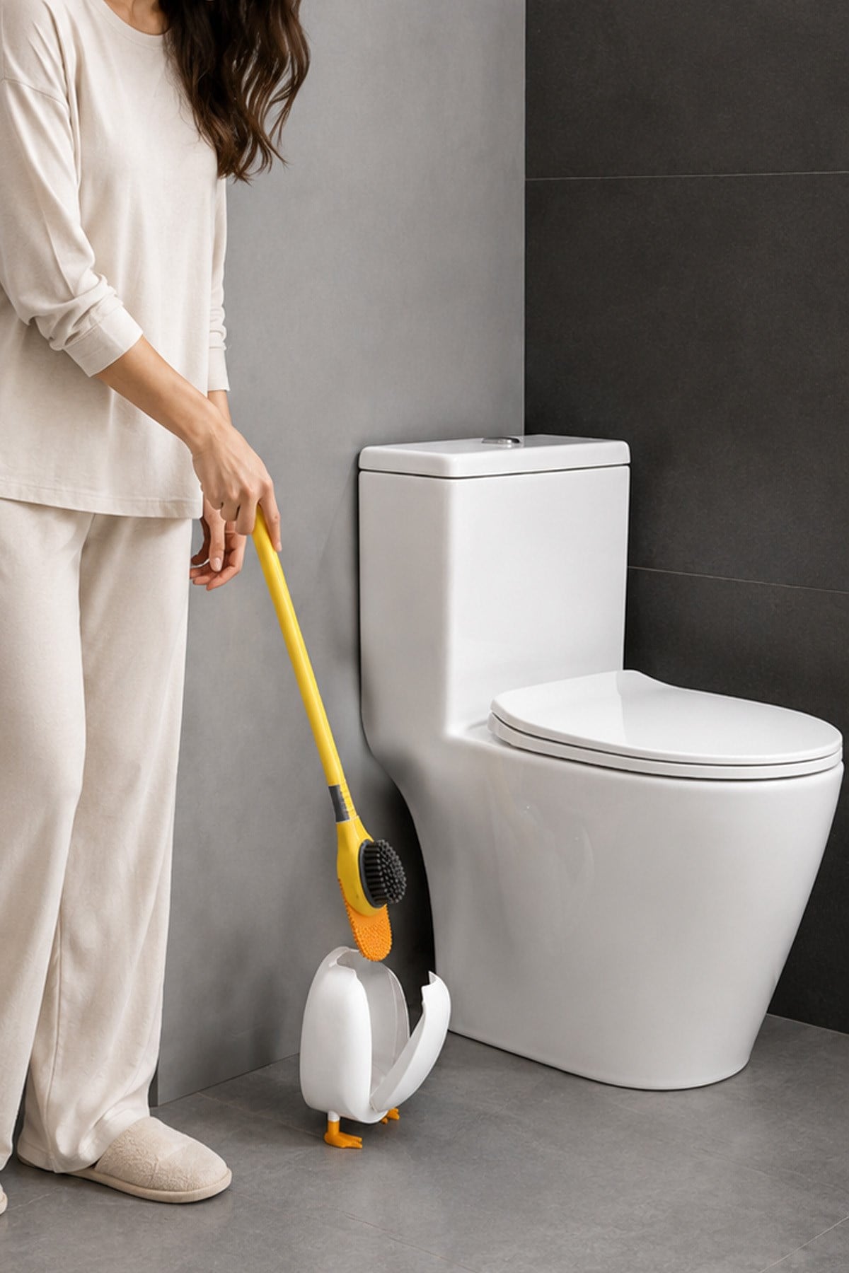 Beyaz Ördek Tasarımlı Tuvalet Fırçası Hazneli Klozet Temizleme Fırçası Dekoratif Banyo Fırçası