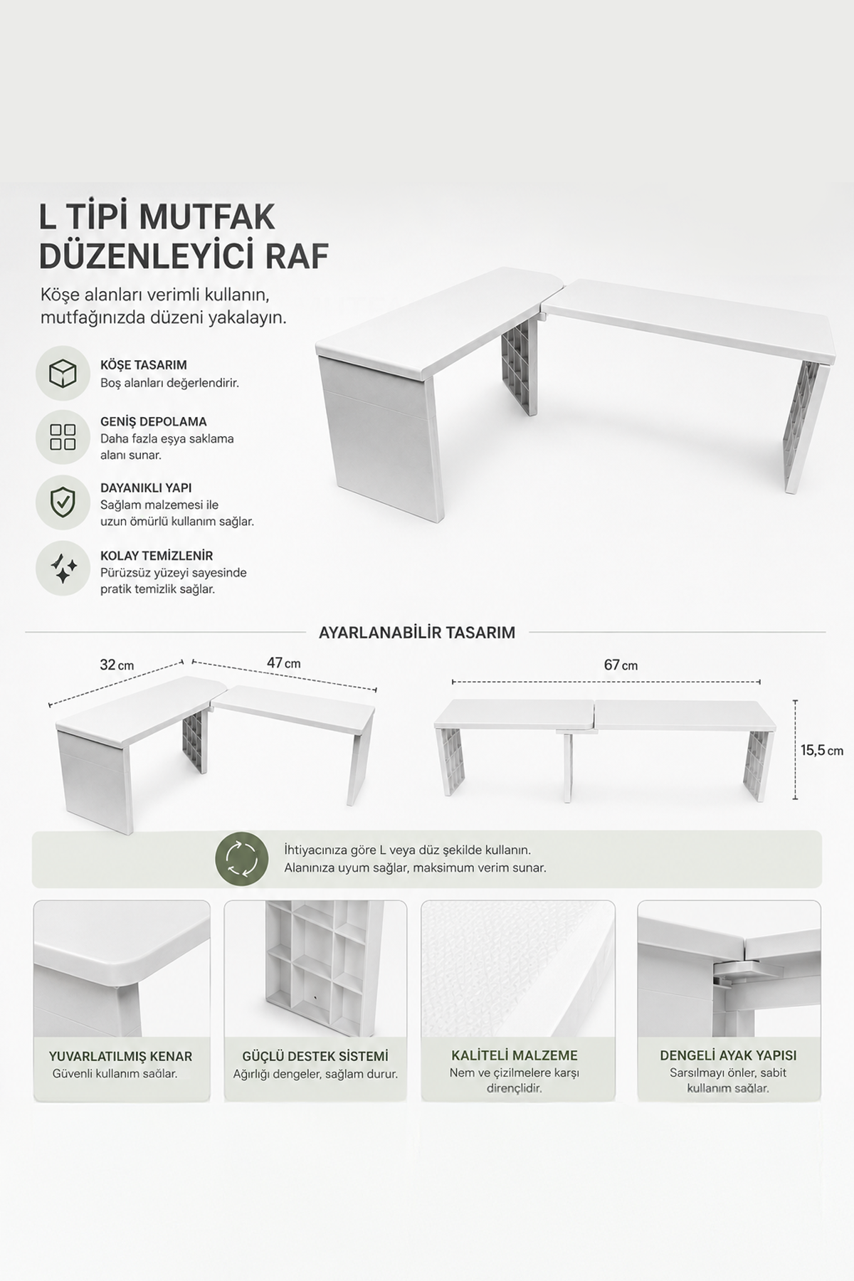 Beyaz Organizer Dolap Tezgah Baharatlık Organizeri Çok Amaçlı Düzenleyici Raf 67x32x15,5 cm