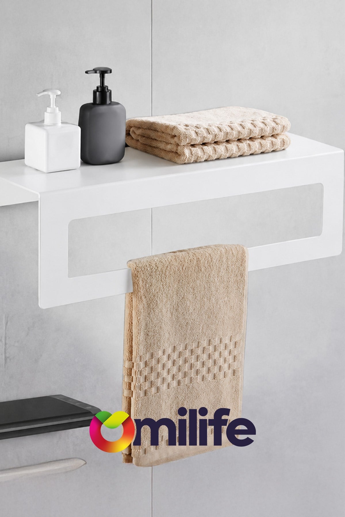 Beyaz Raflı Havlu Askısı Metal Banyo Raflı Havluluk 27 cm Otel Tipi Duvar Havlu Rafı