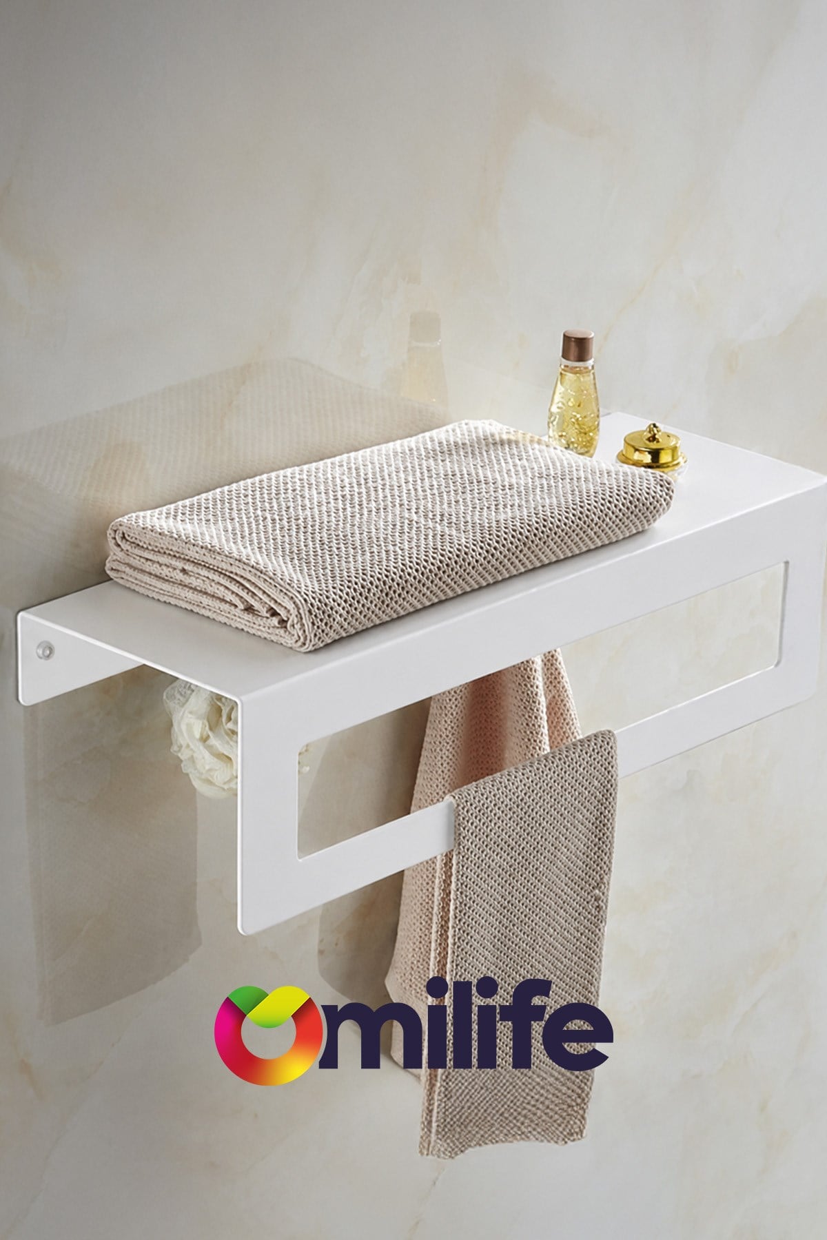 Beyaz Raflı Havlu Askısı Metal Banyo Raflı Havluluk 27 cm Otel Tipi Duvar Havlu Rafı