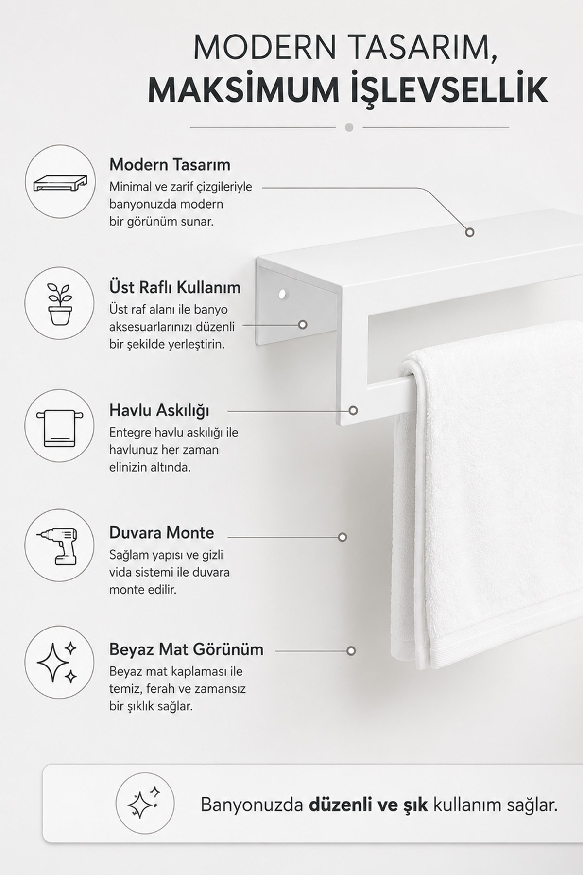 Beyaz Raflı Havlu Askısı Metal Banyo Raflı Havluluk 27 cm Otel Tipi Duvar Havlu Rafı
