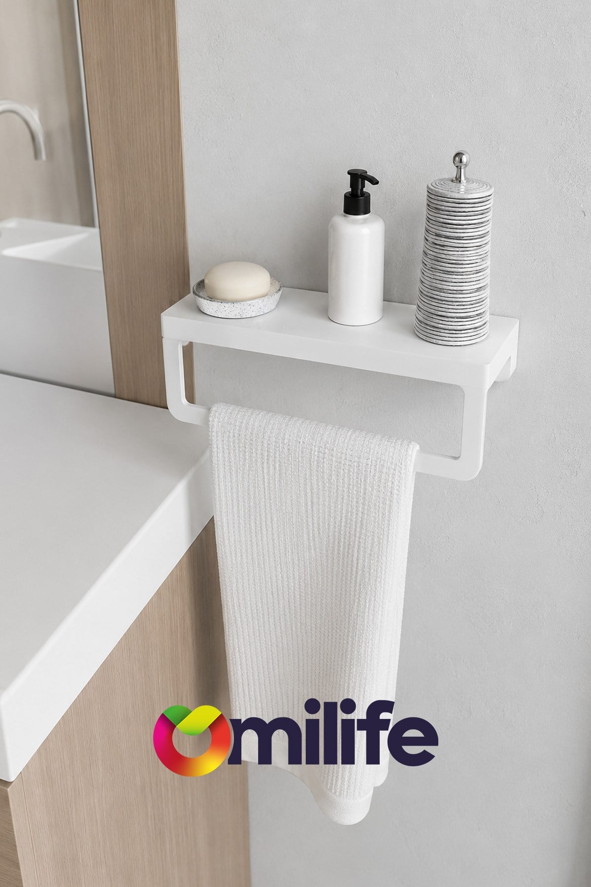 Beyaz Raflı Havlu Askısı Metal Banyo Raflı Havluluk 27 cm Otel Tipi Duvar Havlu Rafı
