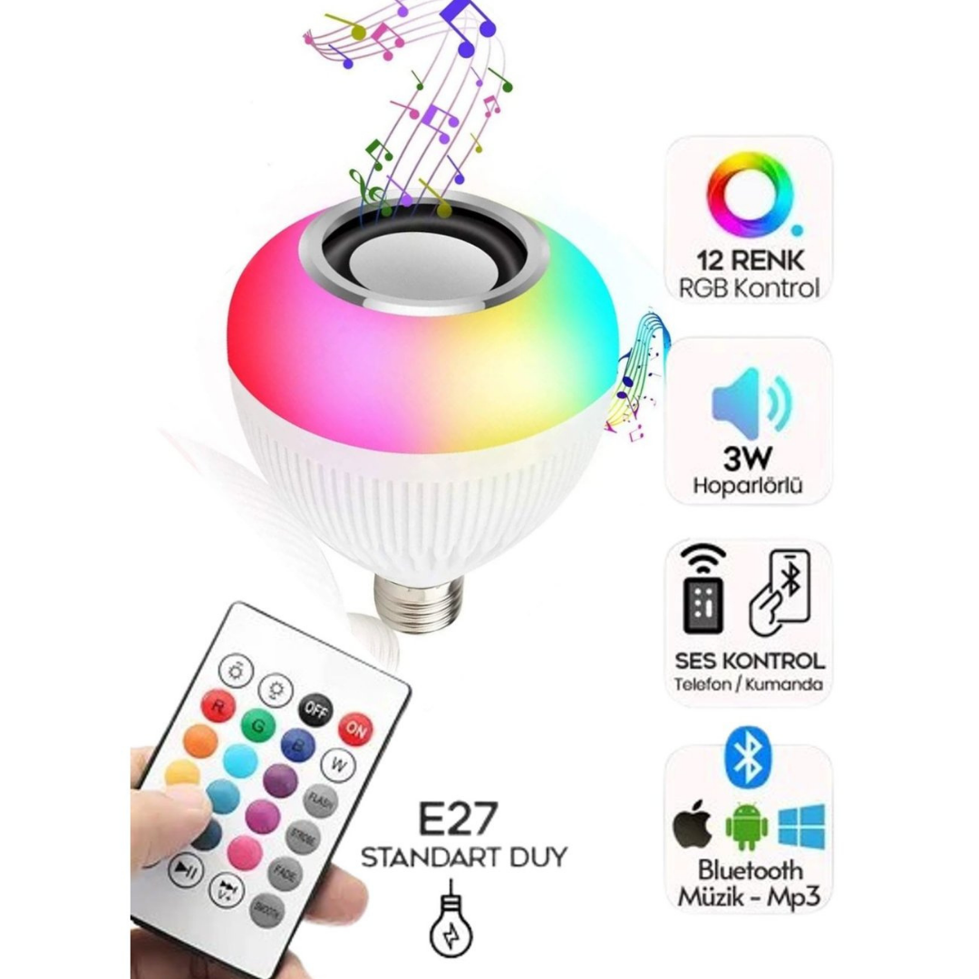 Bluetooth Hoparlörlü Uzaktan Kumandalı Rgb Akıllı Led Ampul-16 Renk Lamba