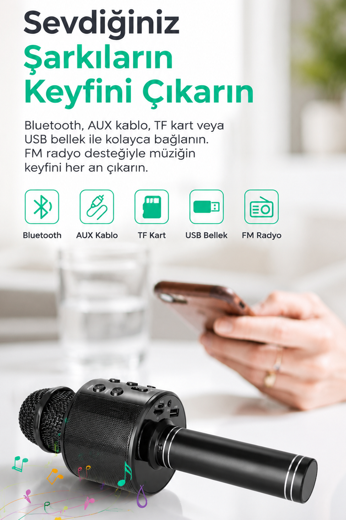 Bluetooth Karaoke Mikrofon Kablosuz Hoparlörlü Mikrofon USB Şarjlı Telefon Uyumlu