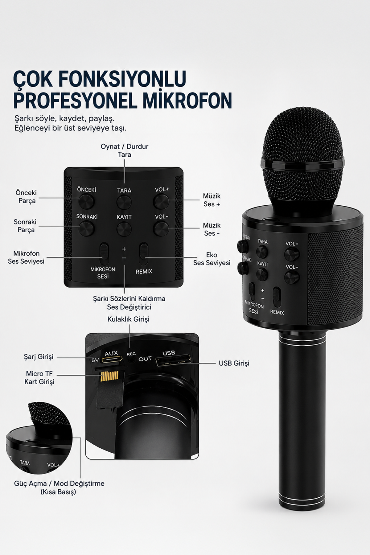 Bluetooth Karaoke Mikrofon Kablosuz Hoparlörlü Mikrofon USB Şarjlı Telefon Uyumlu