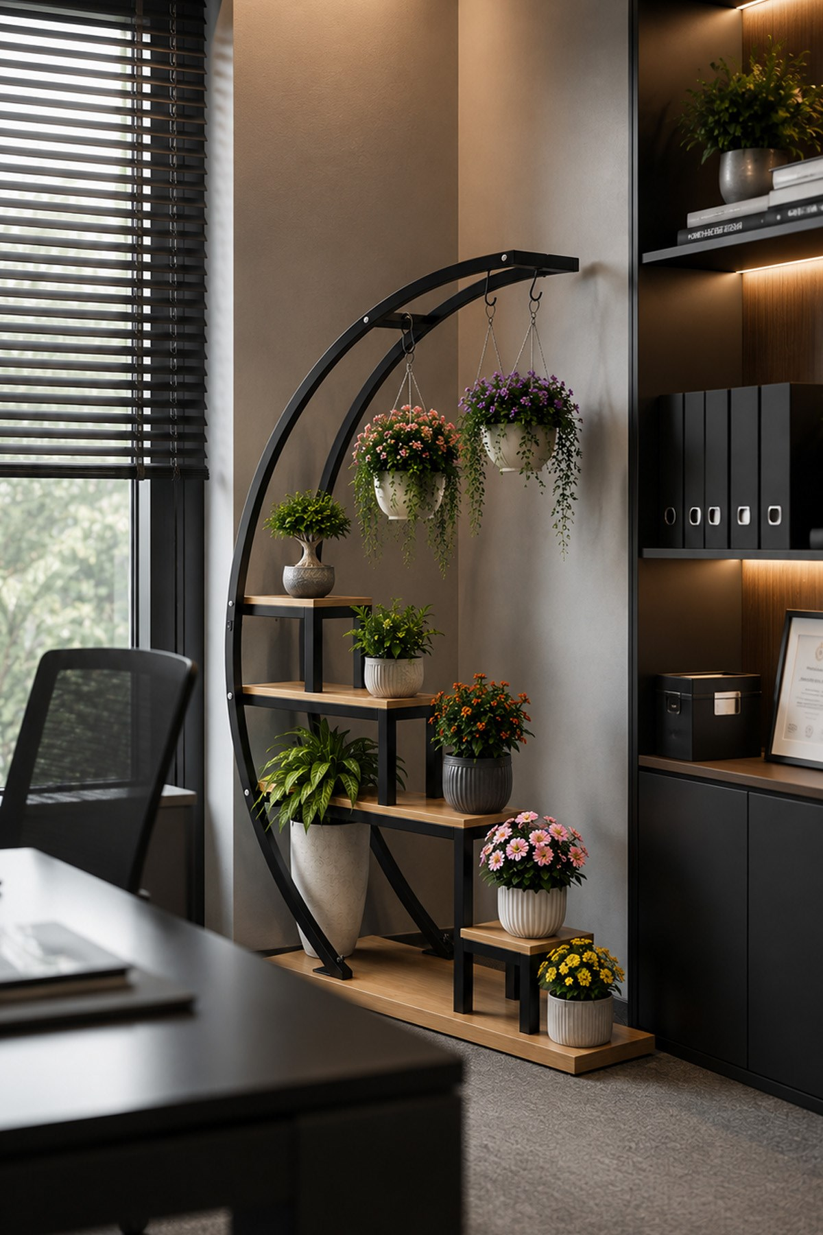 Büyük C Tipi Metal Ahşap Çiçeklik Çok Katlı Dekoratif Saksı Bitki Standı Raf