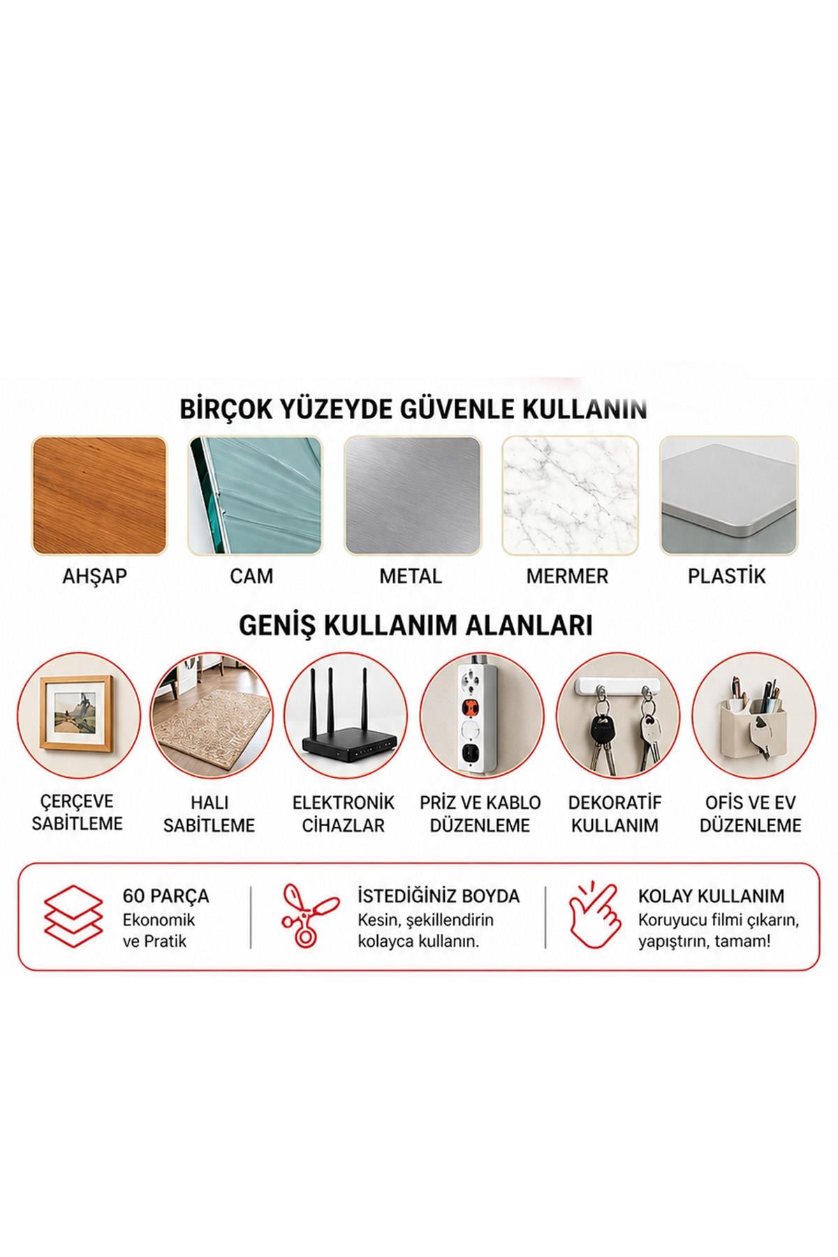 Çift Taraflı Bant 60 Parça Güçlü Yapışkanlı Kolay Açılır Montaj Bandı 18x50 mm