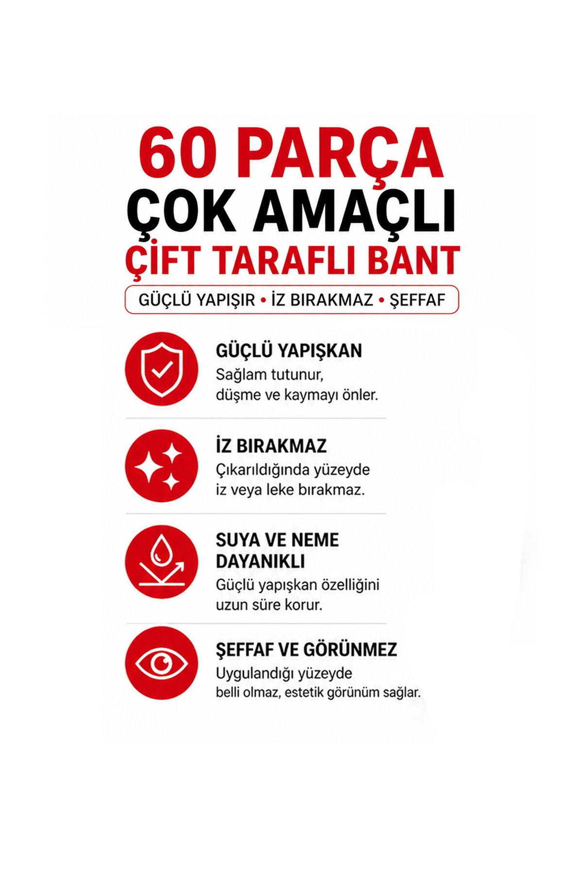 Çift Taraflı Bant 60 Parça Güçlü Yapışkanlı Kolay Açılır Montaj Bandı 18x50 mm