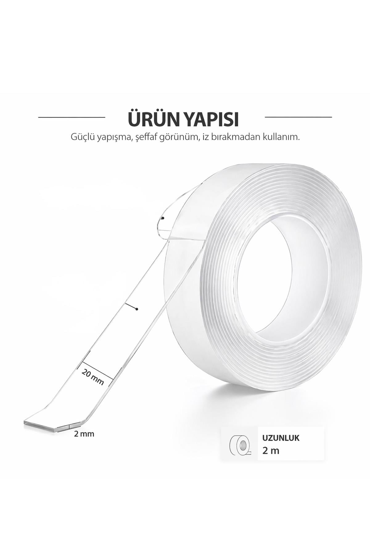 Çift Taraflı Nano Bant 3 m Şeffaf Güçlü Yapışkan İz Bırakmayan Montaj Sabitleyici Bant