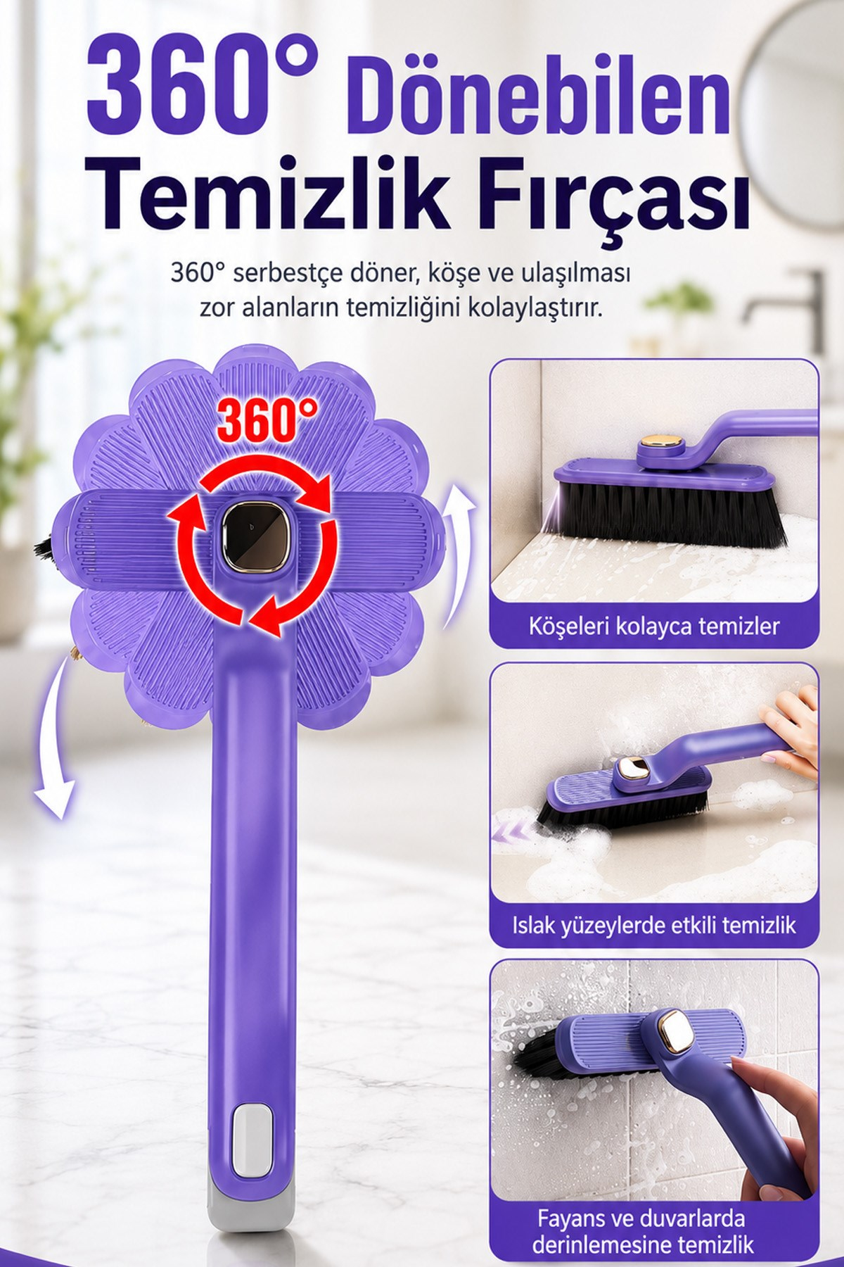 Cımbızlı Döner Başlıklı Dip Köşe Temizlik Fırçası Derz Fayans Lavabo Fırçası 24 cm