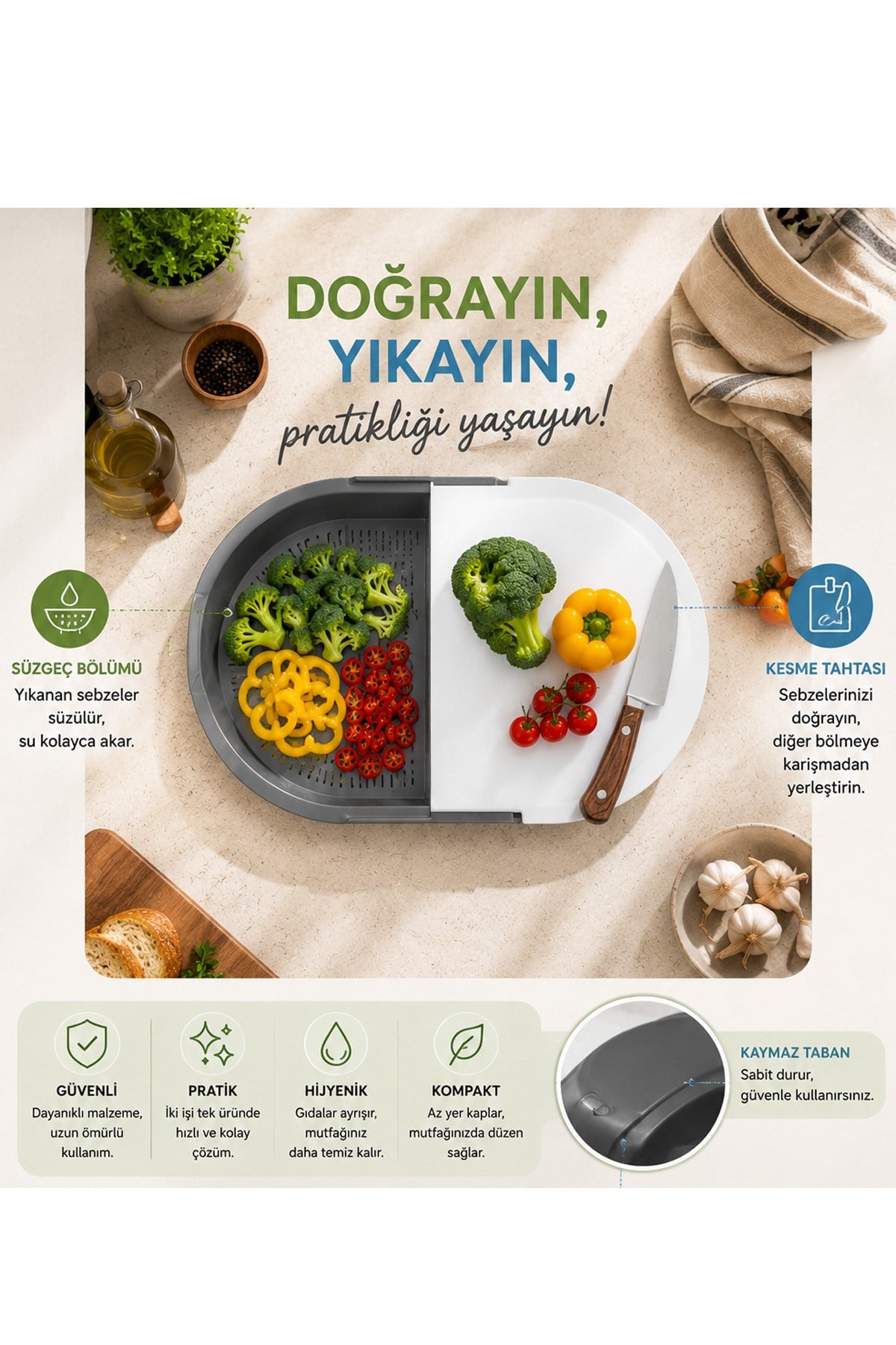 Çok Amaçlı Kesme ve Yıkama Panosu Sebze Meyve Yıkama Süzgeci Doğrama Tahtası Mutfak Organizeri