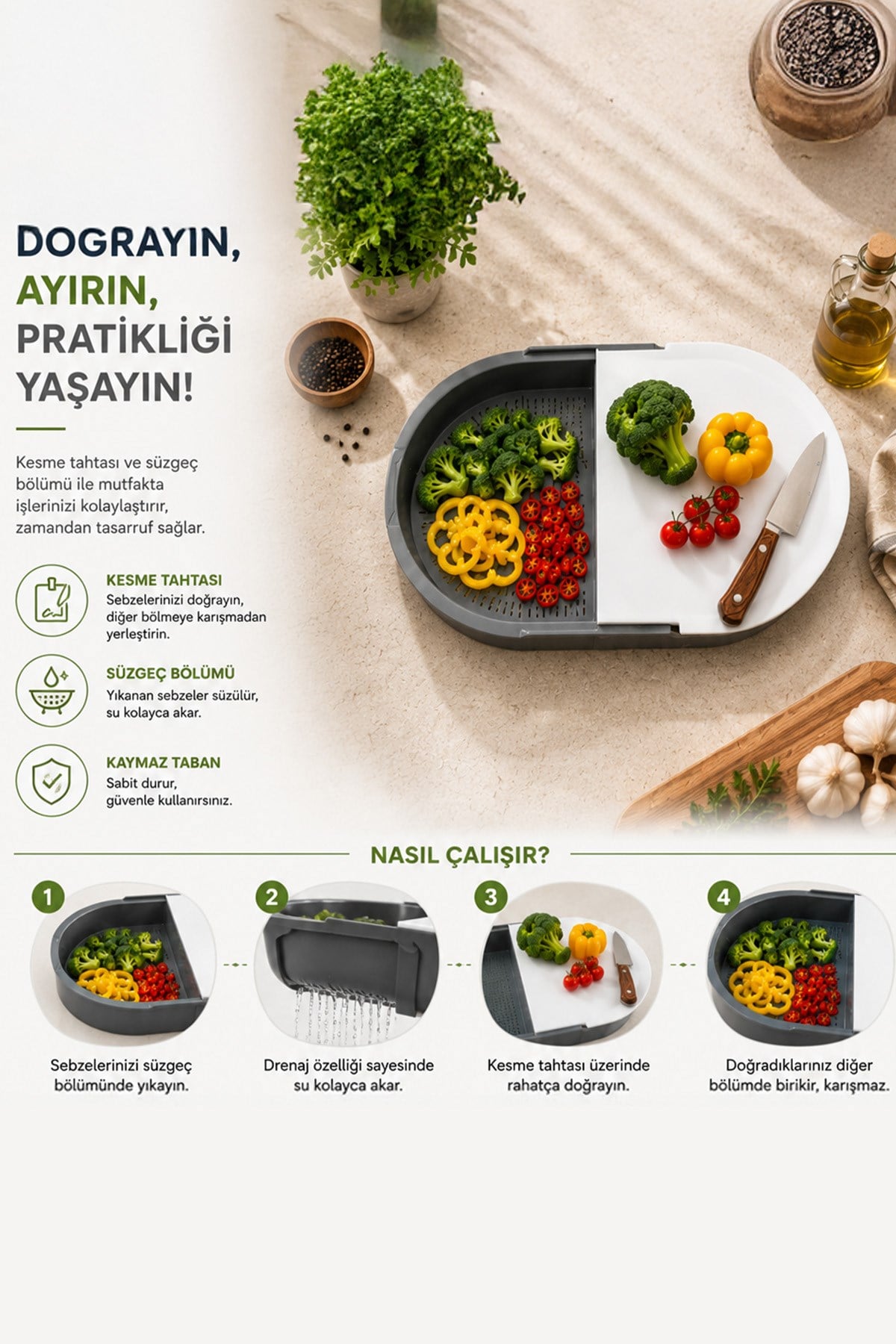 Çok Amaçlı Kesme ve Yıkama Panosu Sebze Meyve Yıkama Süzgeci Doğrama Tahtası Mutfak Organizeri