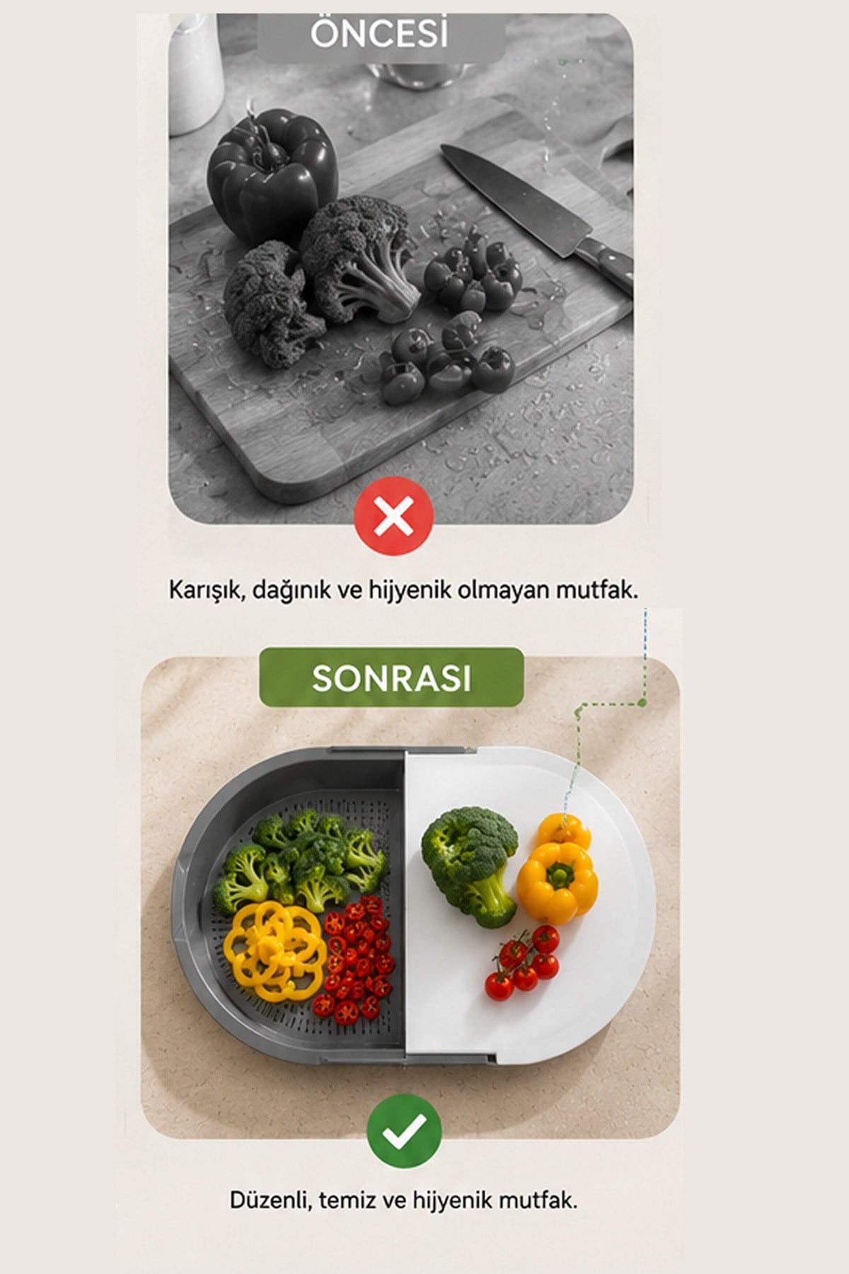 Çok Amaçlı Kesme ve Yıkama Panosu Sebze Meyve Yıkama Süzgeci Doğrama Tahtası Mutfak Organizeri
