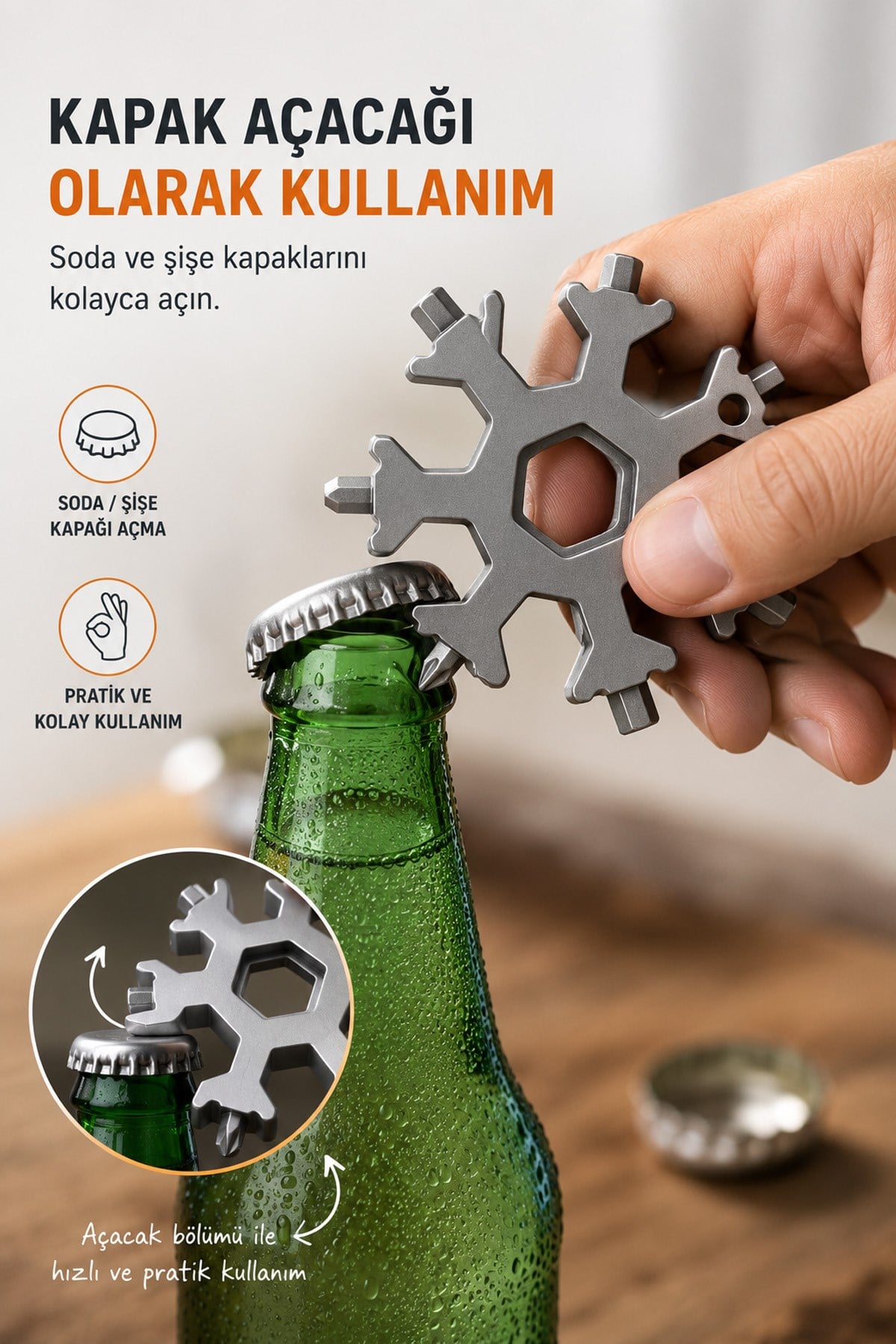 Çok Fonksiyonlu Kar Tanesi Desenli Vida, Soda kapağı ve Somun Açıcı Anahtarlık