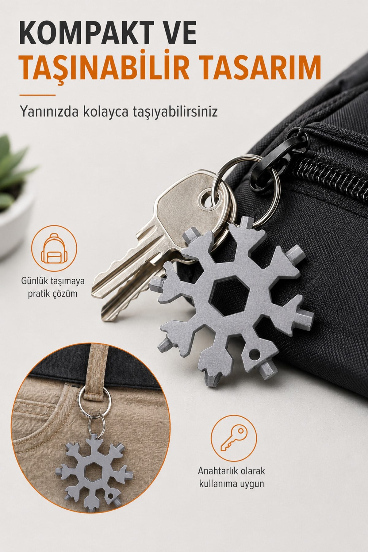 Çok Fonksiyonlu Kar Tanesi Desenli Vida, Soda kapağı ve Somun Açıcı Anahtarlık