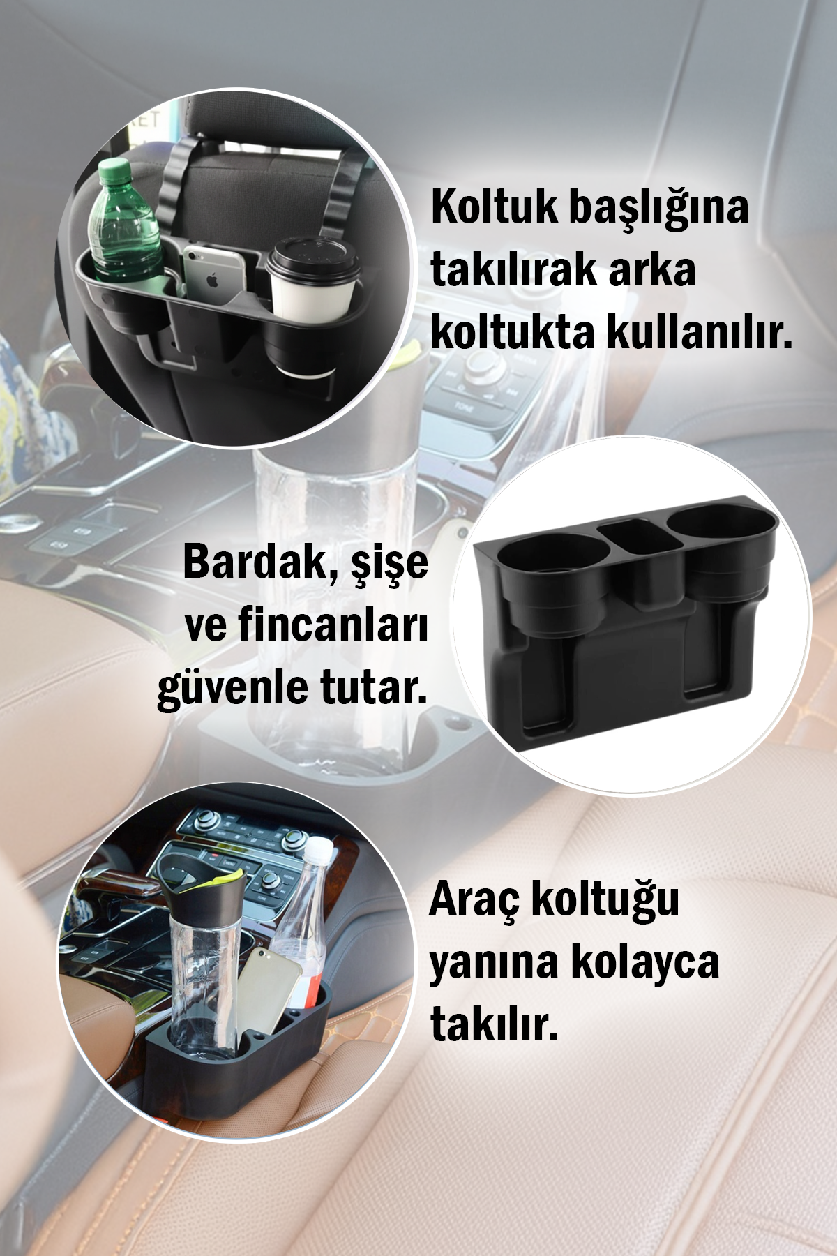 Dayanıklı Oto Koltuk Yanı Bardak Tutucu ve Telefon Tutucu Pratik Araç İçi Eşya Düzenleyici Aparat