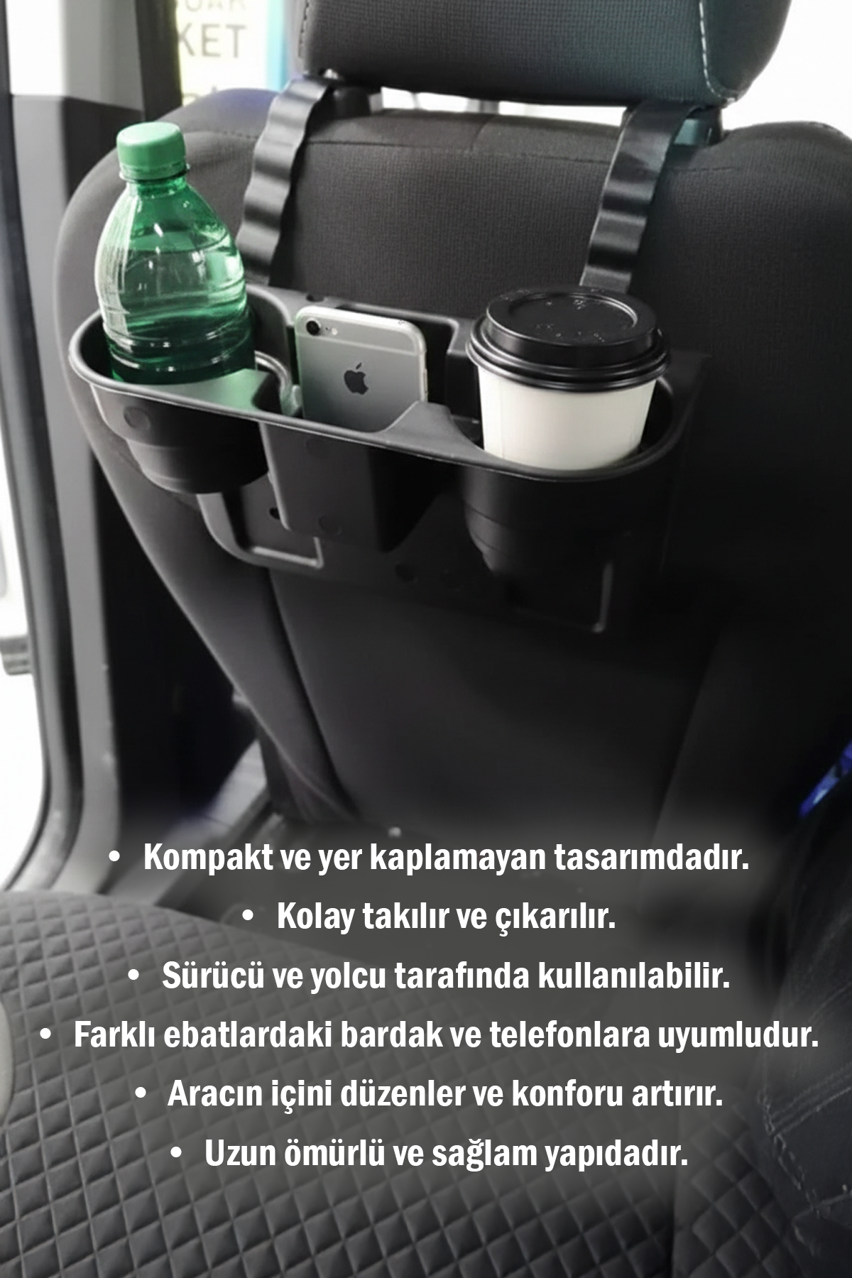 Dayanıklı Oto Koltuk Yanı Bardak Tutucu ve Telefon Tutucu Pratik Araç İçi Eşya Düzenleyici Aparat
