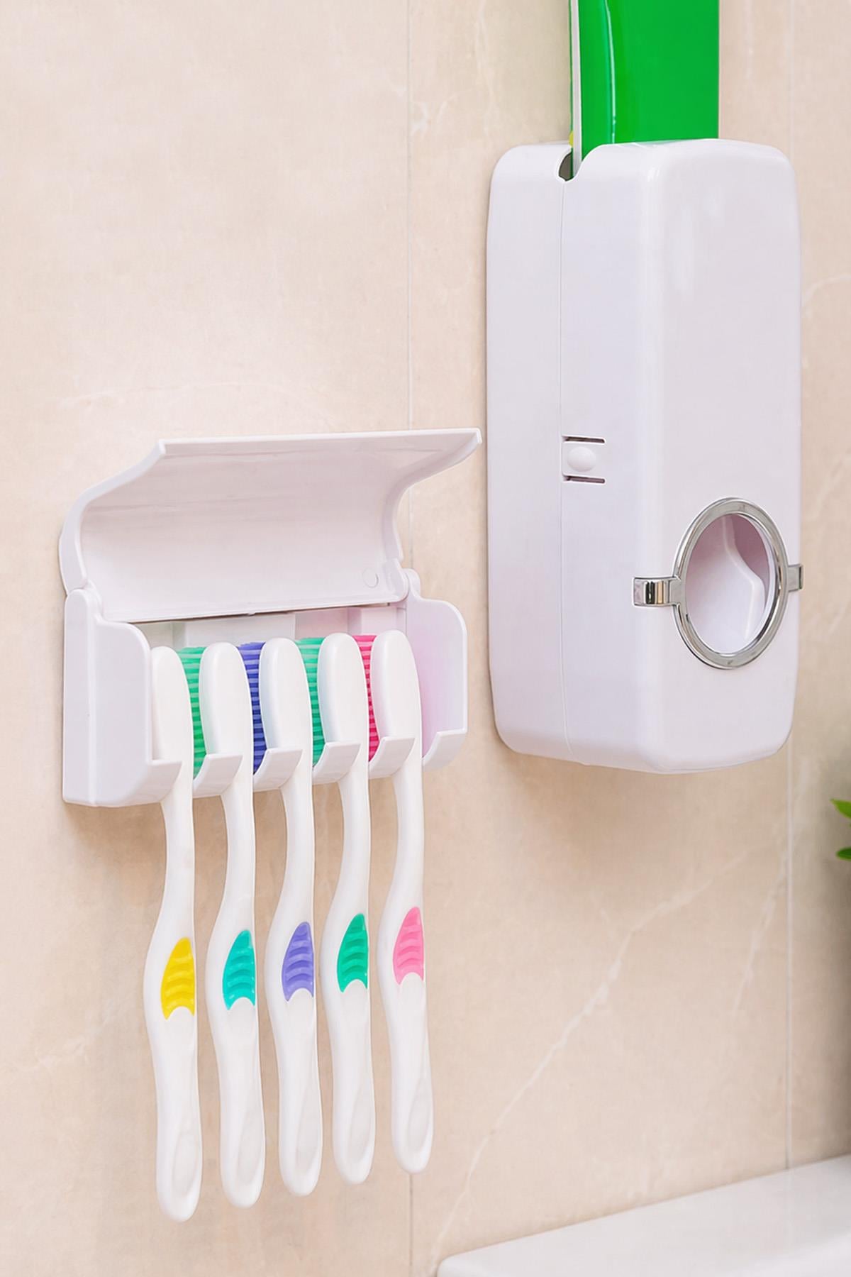 Diş Fırçalık ve Macun Dispenser Yapışkanlı Duvar Tipi Organizer Banyo Düzenleyici Set