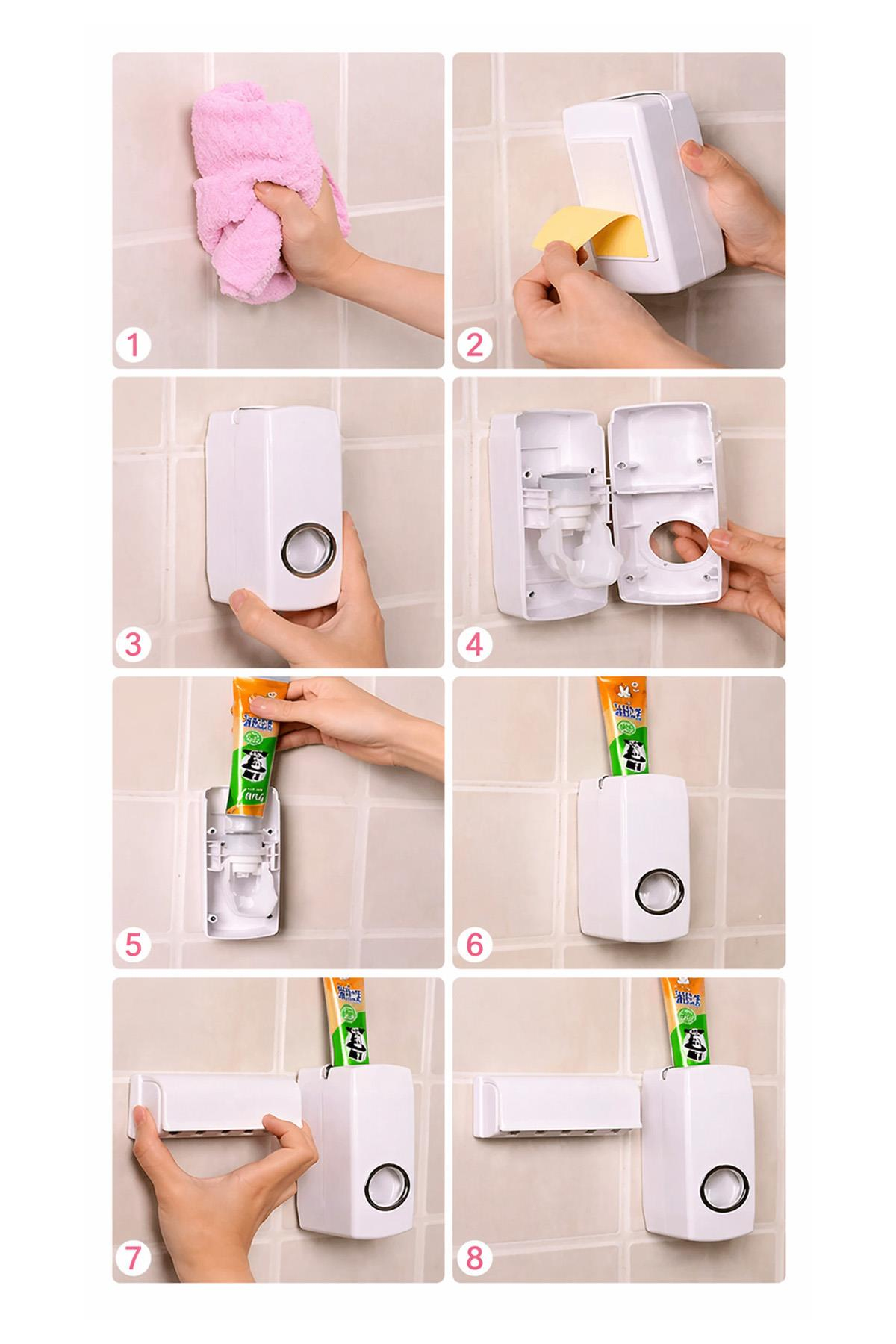Diş Fırçalık ve Macun Dispenser Yapışkanlı Duvar Tipi Organizer Banyo Düzenleyici Set