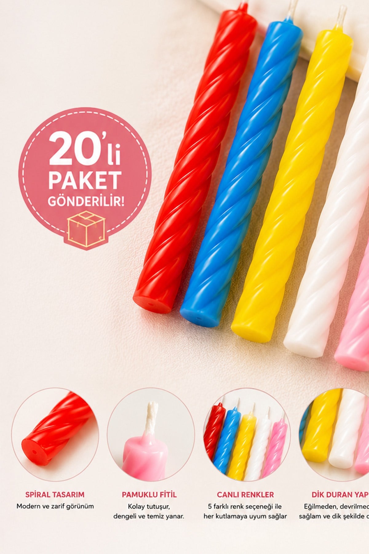 Doğum Günü Pasta Mumu Renkli Spiral Kutlama Mumu Pasta Süsü 20 Adet