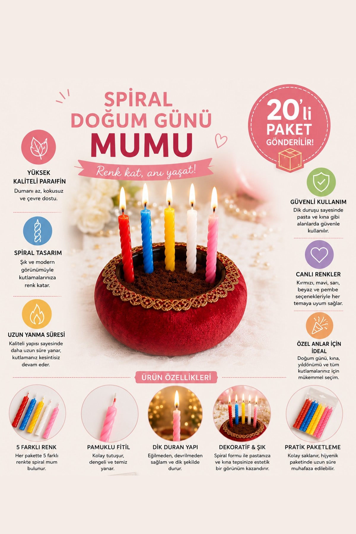 Doğum Günü Pasta Mumu Renkli Spiral Kutlama Mumu Pasta Süsü 20 Adet