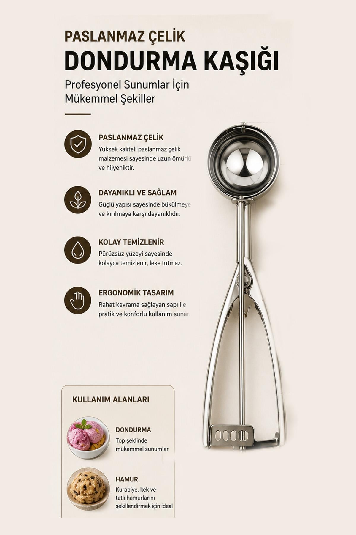 Dondurma Helva Kurabiye Şekillendirici Sunum Kepçesi Paslanmaz Çelik Dondurma Kaşığı