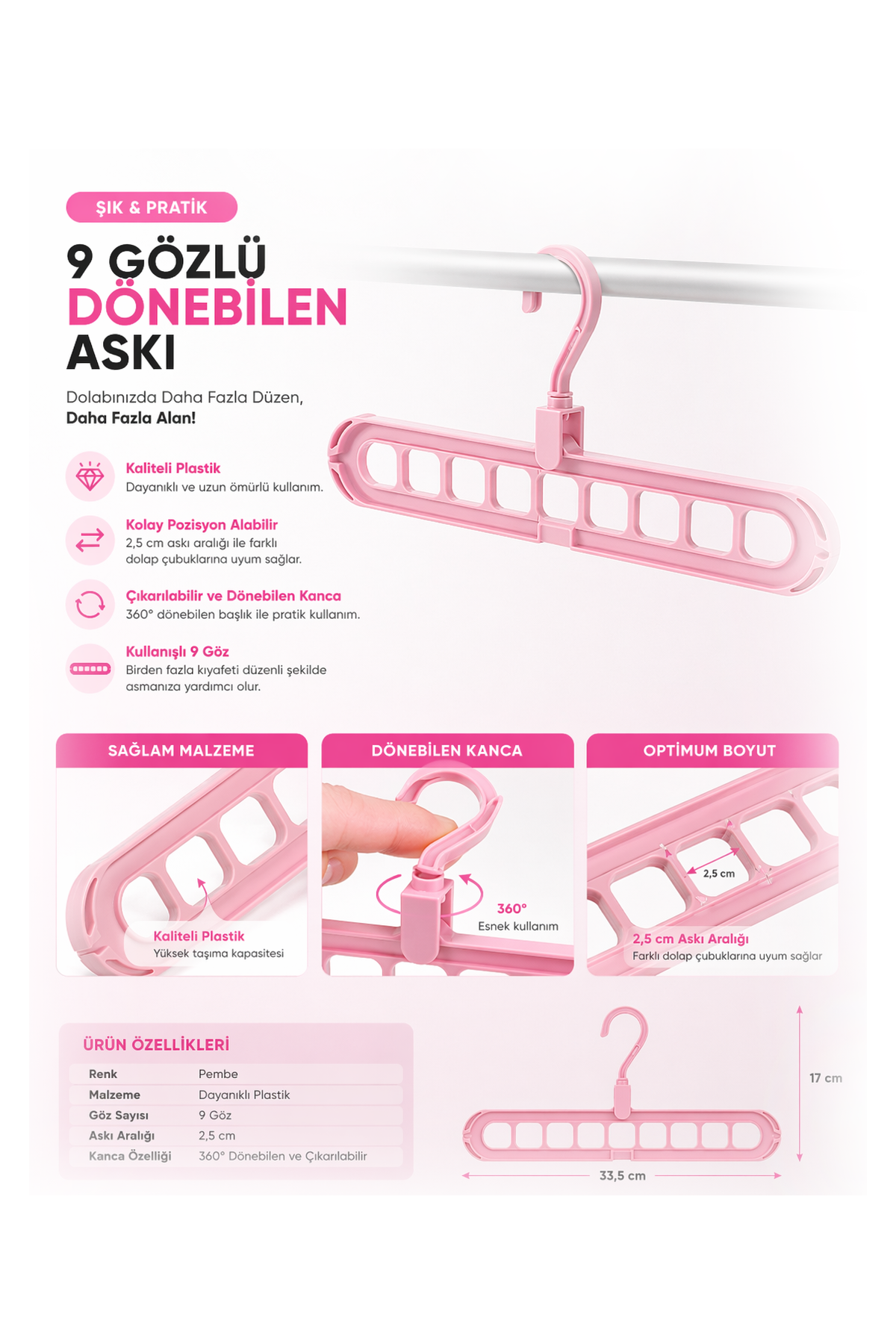 Gömlek Tişört Askısı Sihirli Döner Başlıklı 9 Gözlü Yer Tasarruflu Çoklu Dolap Askı Aparatı
