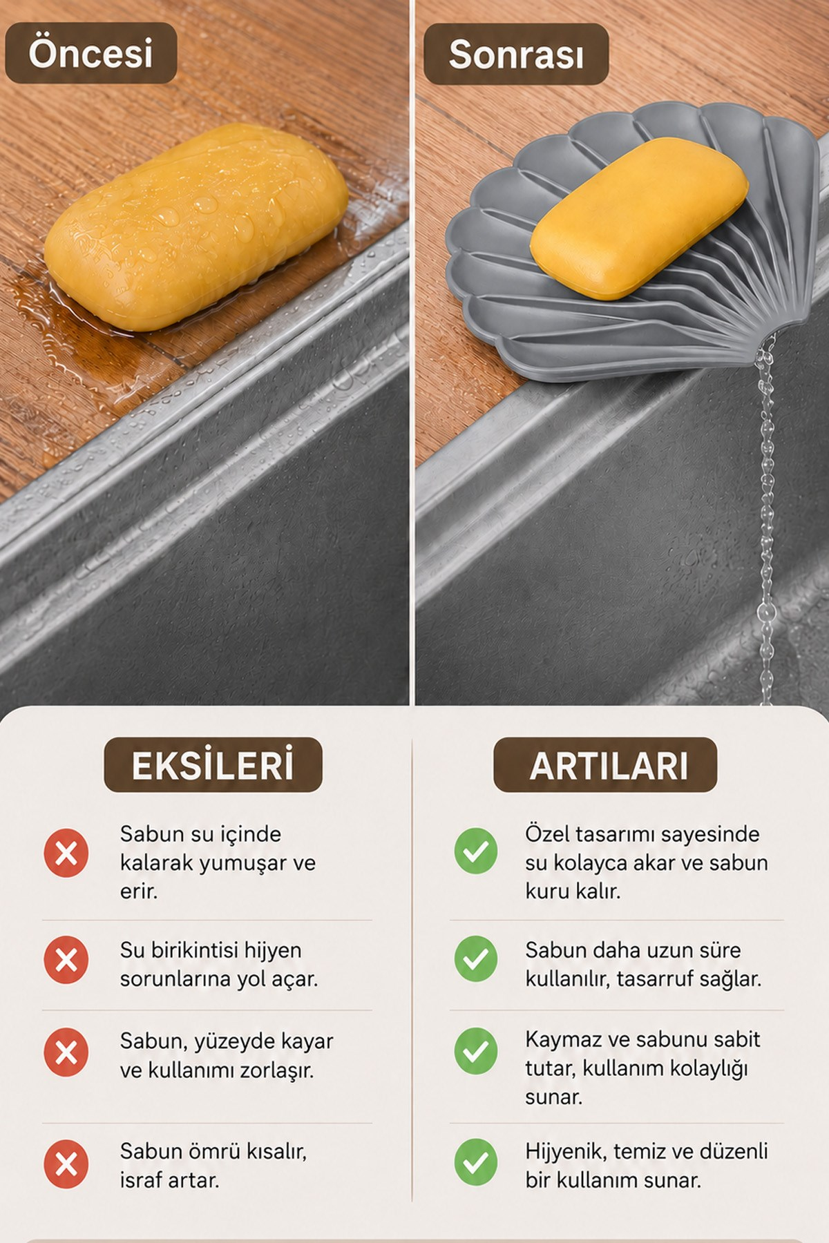 Gri İstiridye Silikon Katı Sabunluk Su Giderli Kaymaz Banyo Mutfak Organizeri 11 cm