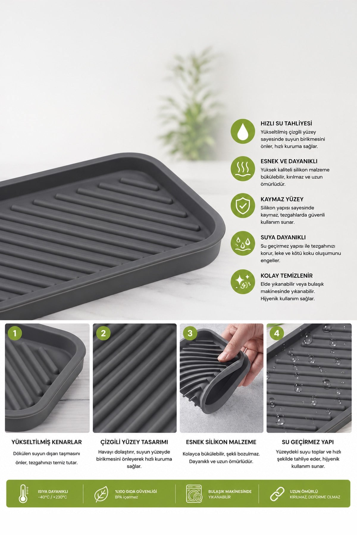 Gri Renk Silikon Yağdanlık Yağlık Sirkelik Altlığı Organizer Sunumluk Sabunluk Altlığı 23x10 Cm