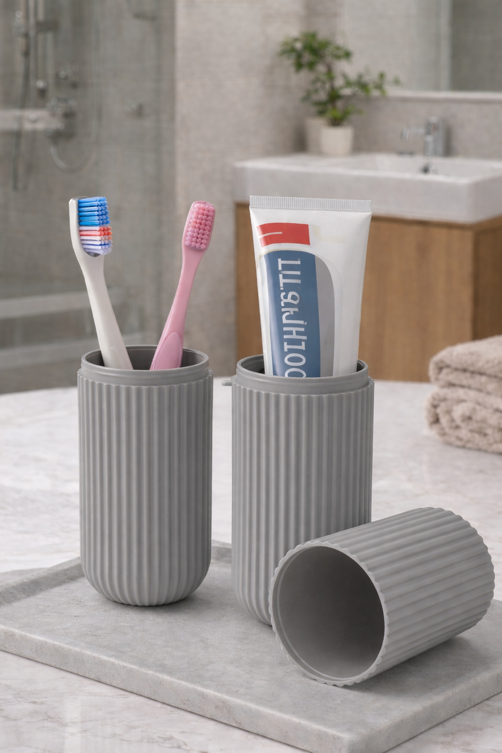 Gri Seyahat Tipi Organizer Taşıma Kabı Diş Fırçası Gözlük Makyaj Fırçası Kutusu 19 cm