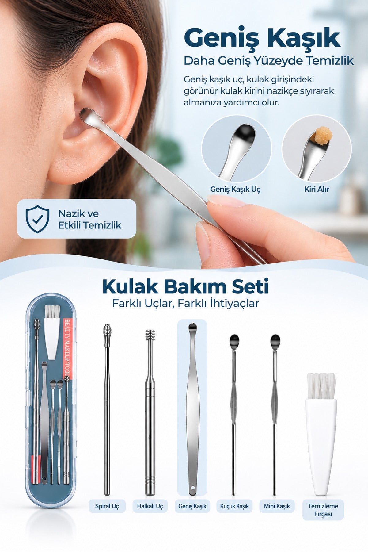 Gümüş Paslanmaz Çelik Kulak Temizleme Seti Spiral Kulak Kir Temizleme Aparatı Bakım Seti