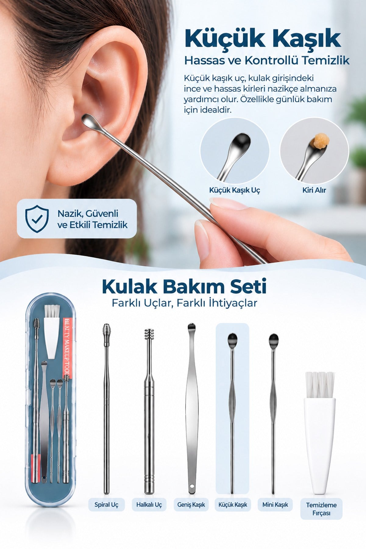 Gümüş Paslanmaz Çelik Kulak Temizleme Seti Spiral Kulak Kir Temizleme Aparatı Bakım Seti