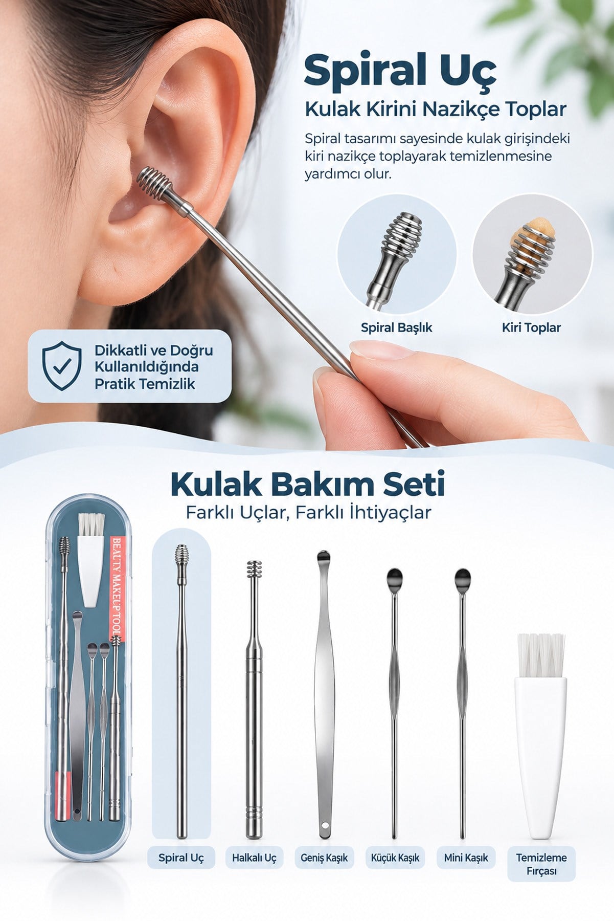 Gümüş Paslanmaz Çelik Kulak Temizleme Seti Spiral Kulak Kir Temizleme Aparatı Bakım Seti