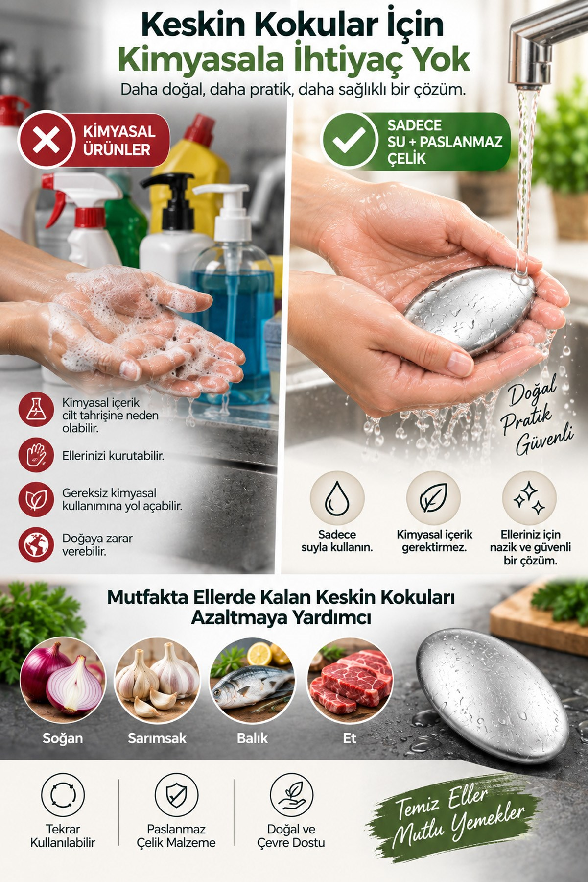 Gümüş Paslanmaz Çelik Sabun Metal Koku Giderici El Sarımsak Soğan Balık Kokusu Giderme Aparatı