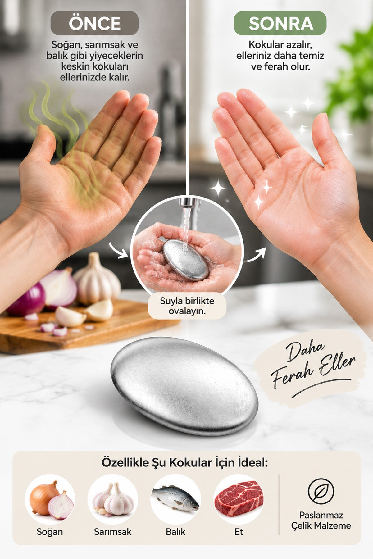 Gümüş Paslanmaz Çelik Sabun Metal Koku Giderici El Sarımsak Soğan Balık Kokusu Giderme Aparatı