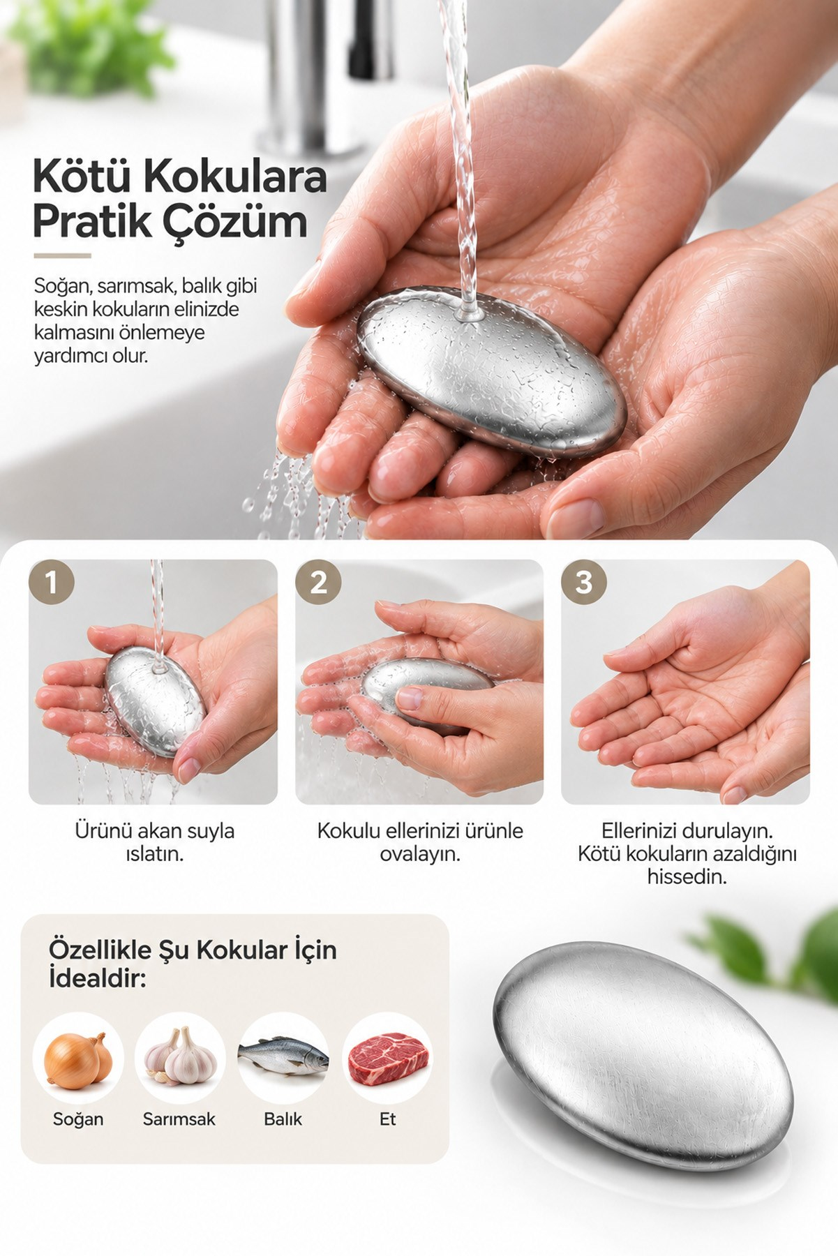 Gümüş Paslanmaz Çelik Sabun Metal Koku Giderici El Sarımsak Soğan Balık Kokusu Giderme Aparatı