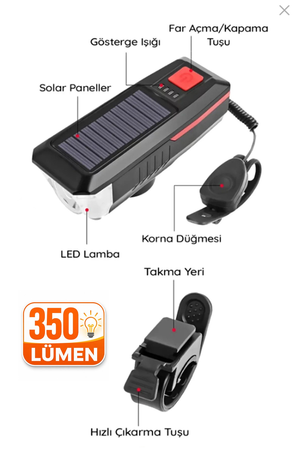 Güneş Enerjili Bisiklet Farı USB Şarjlı Kornalı LED Scooter Feneri Su Geçirmez