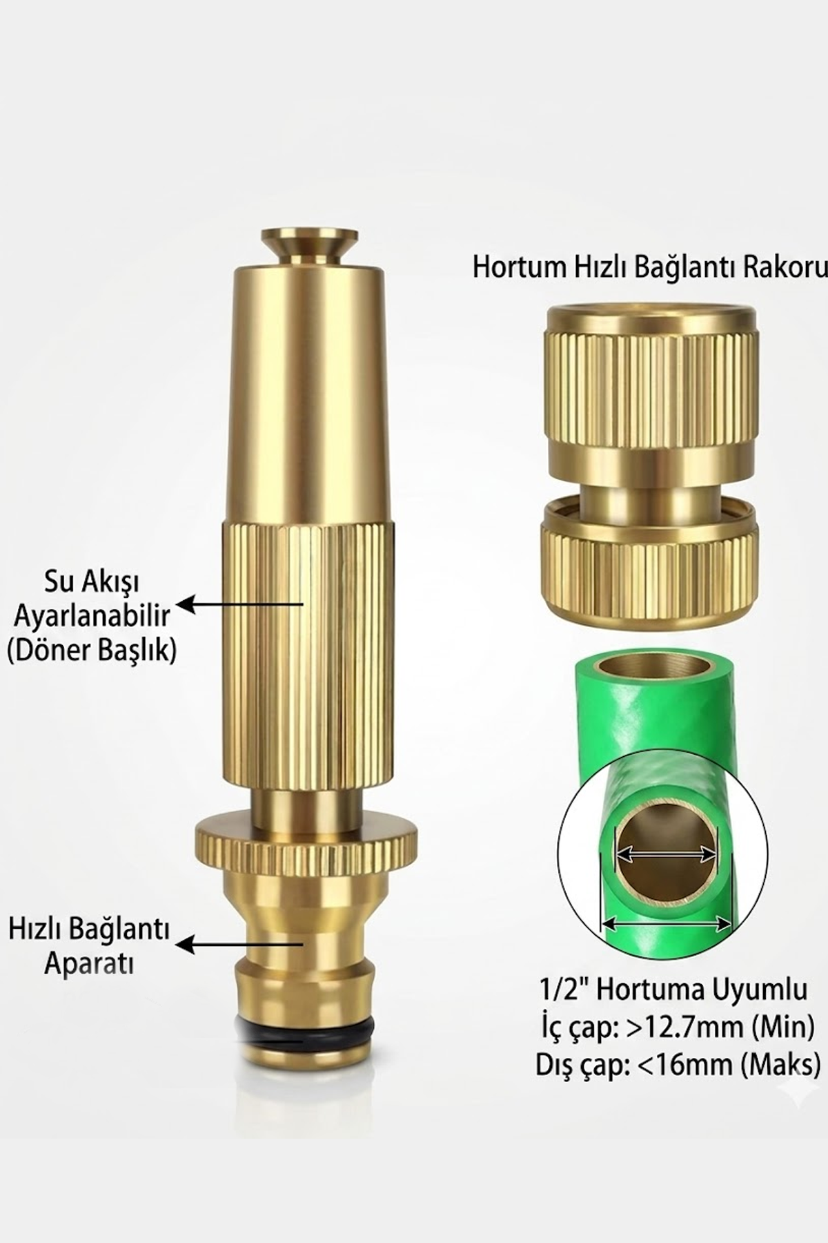 Hortum Başlığı Kelepçeli Ayarlanabilir Basınçlı Hortum Ucu Tazyik Aparatı Gold Renk